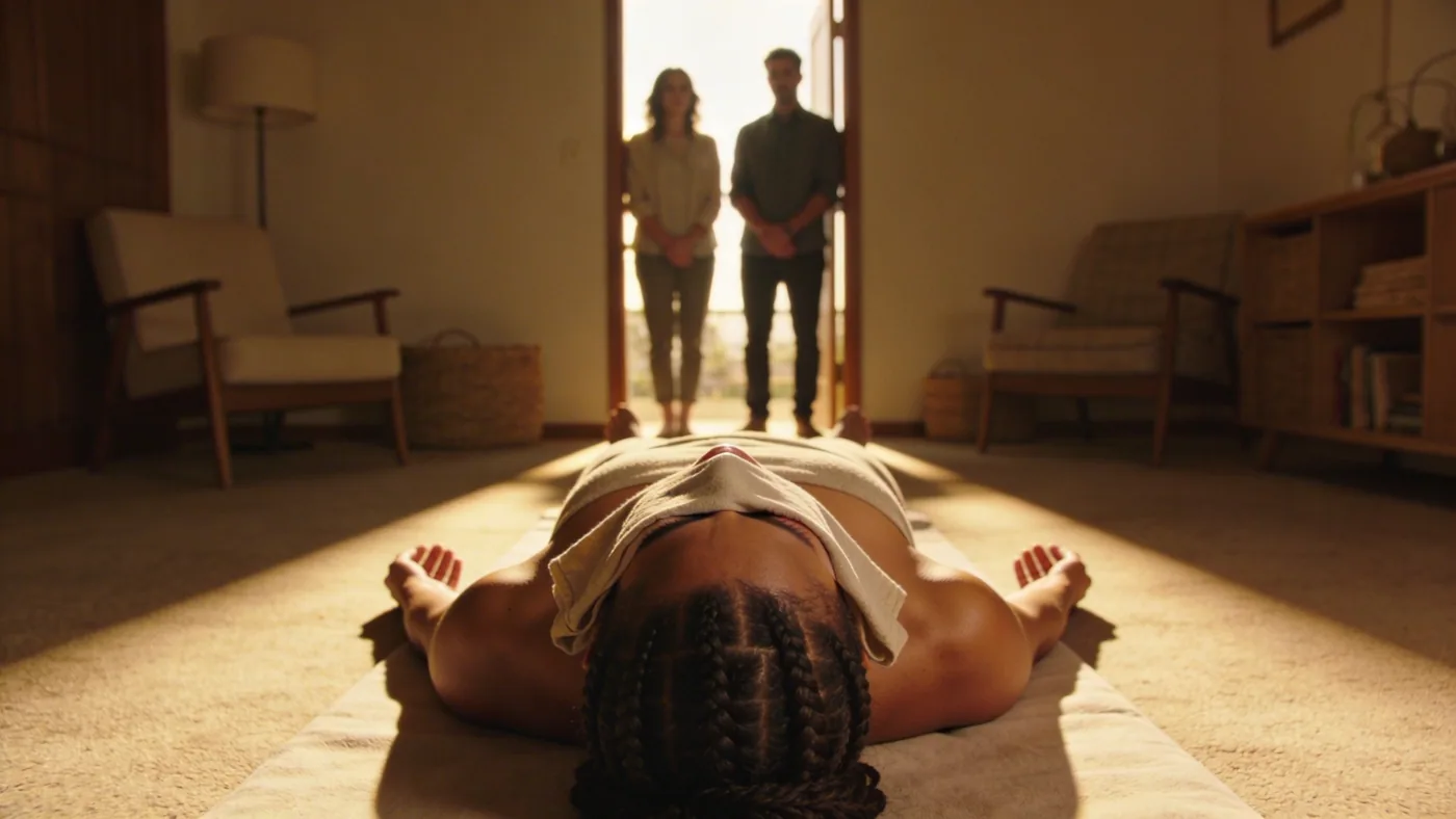 Two people standing quietly in doorway sharing stillness during a 10-minute reset when body is bracing — walking on eggshells