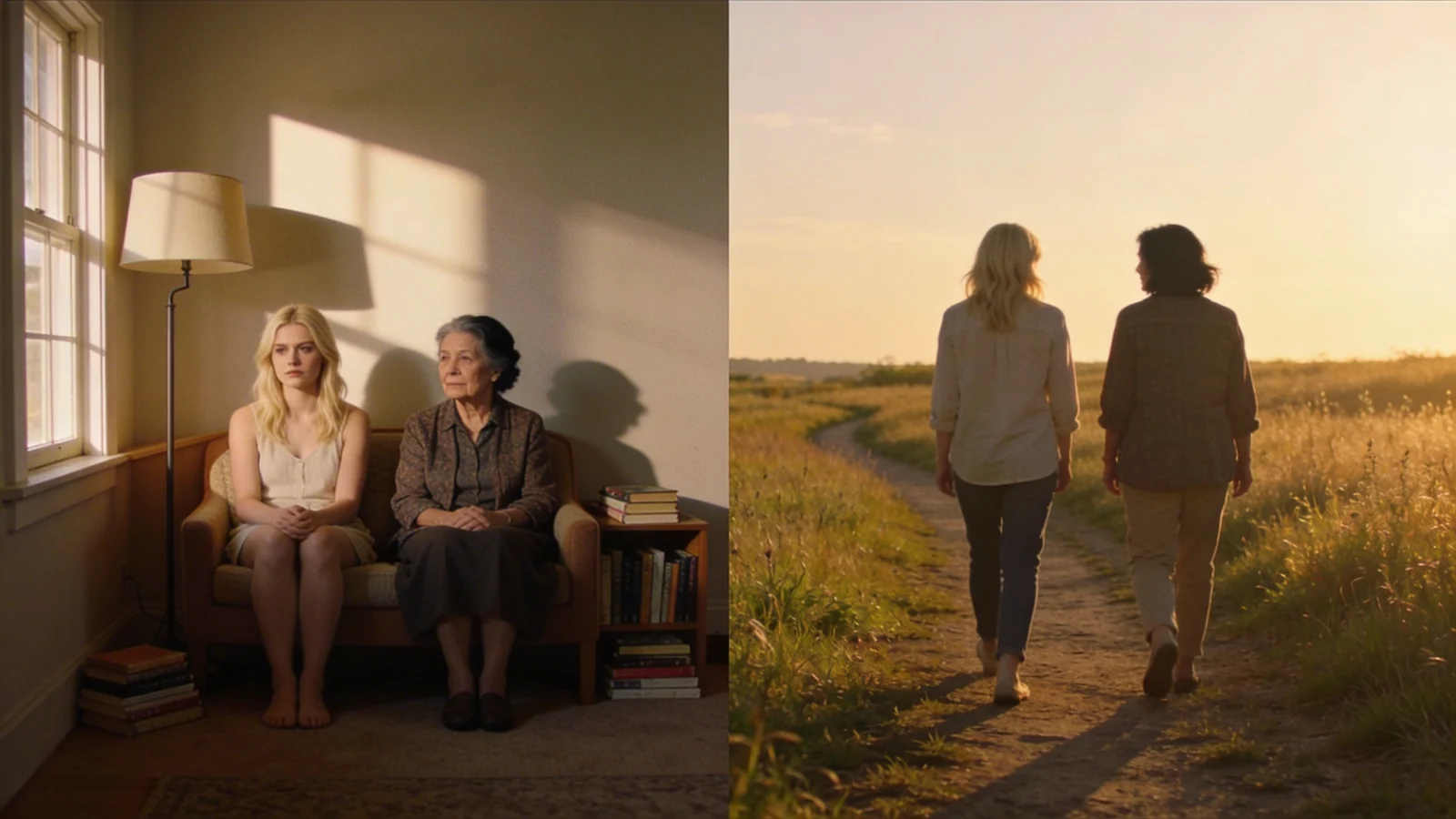 Two people walking side by side on a meadow path at golden hour, embodying emotional safety in relationships