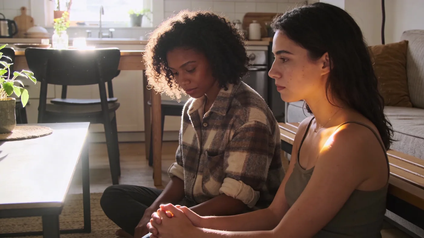 Two women sitting quietly together on bench in living room showing what shifts when you start naming what is real — what is emotional manipulation