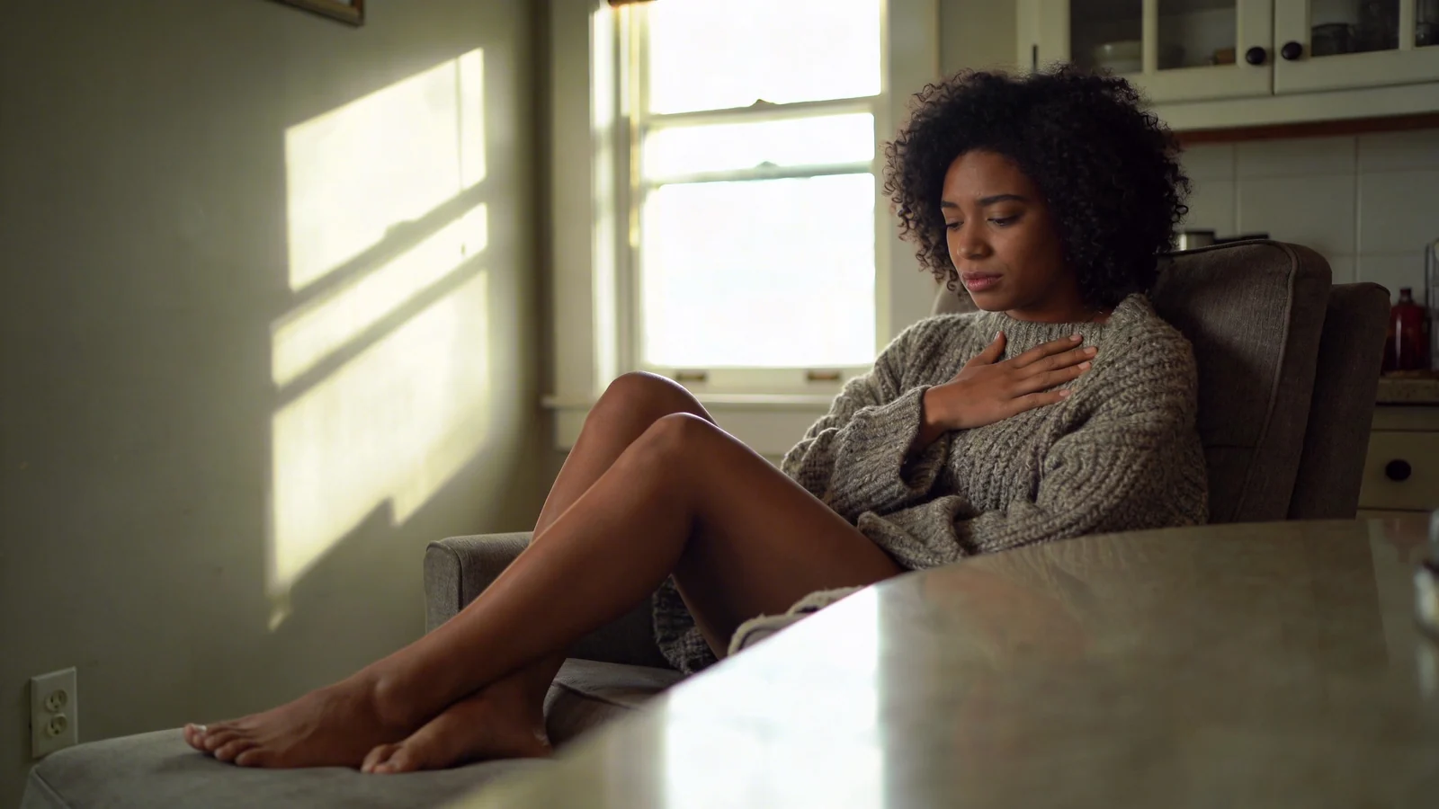 Woman at kitchen table pressing hand to chest showing signs your ego is blocking intuition