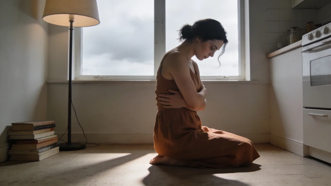 Woman bracing arms across her ribcage in morning kitchen light during shadow integration practice — what is shadow work spirituality