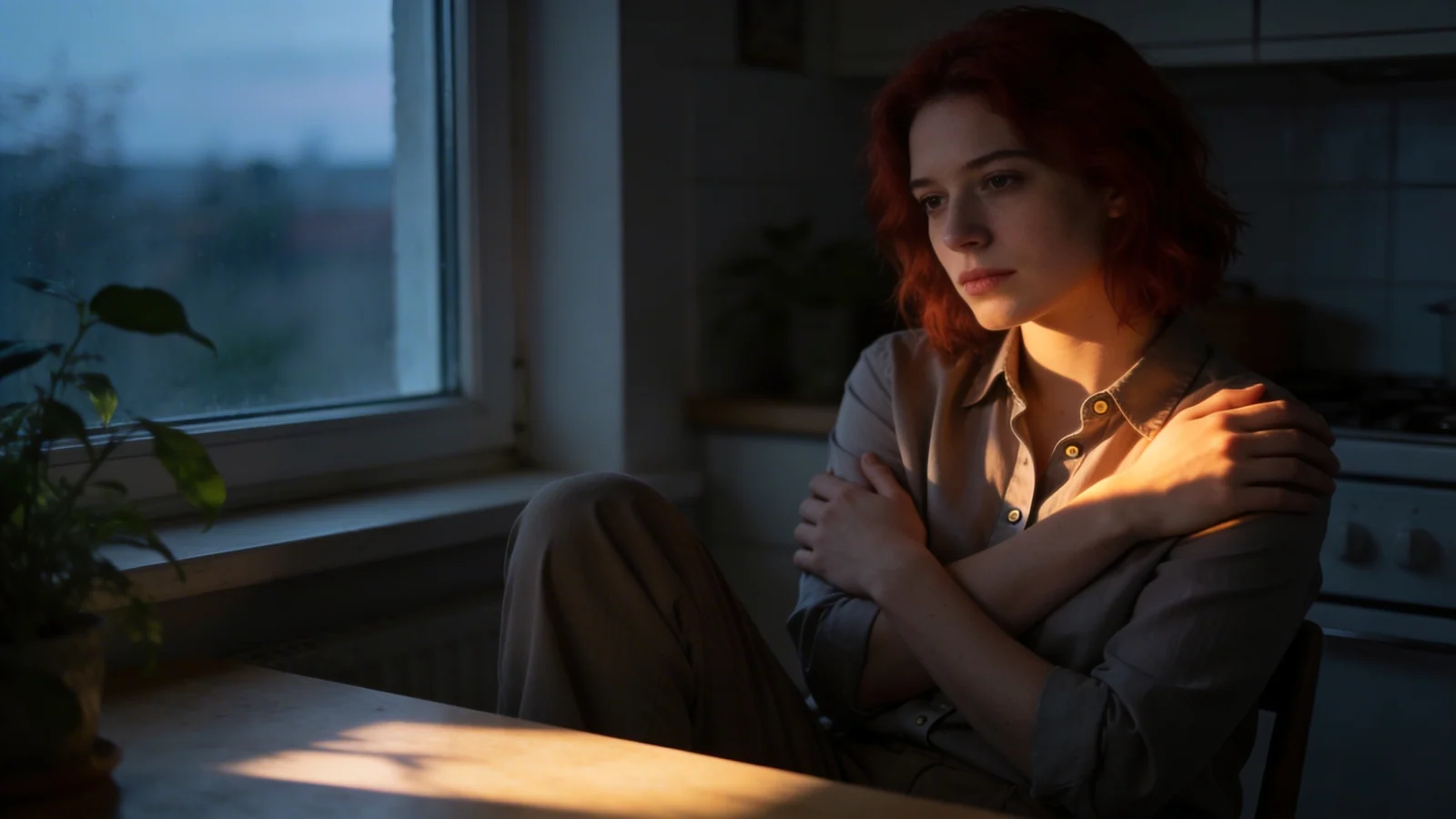 Woman bracing her body in a quiet kitchen at dusk, illustrating somatic exercises for nervous system Woman bracing her body in a quiet kitchen at dusk, illustrating somatic exercises for nervous system starting point