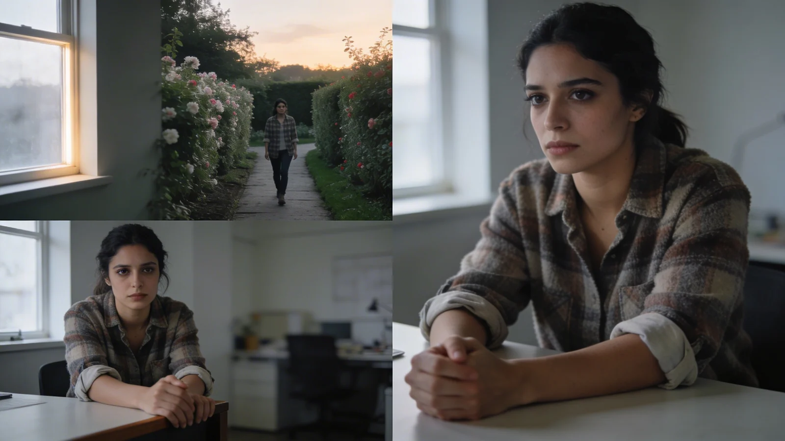 Woman gripping desk edge with tense hands in bright workspace illustrating what is shadow work spirituality
