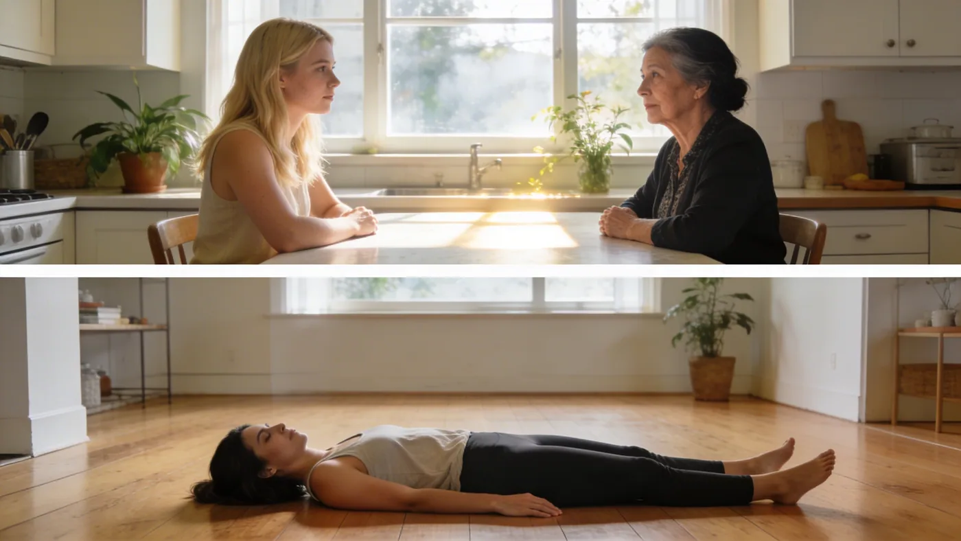 Woman lying on wooden floor in Feeling Session posture for a 10-minute listening practice for nervous system regulation