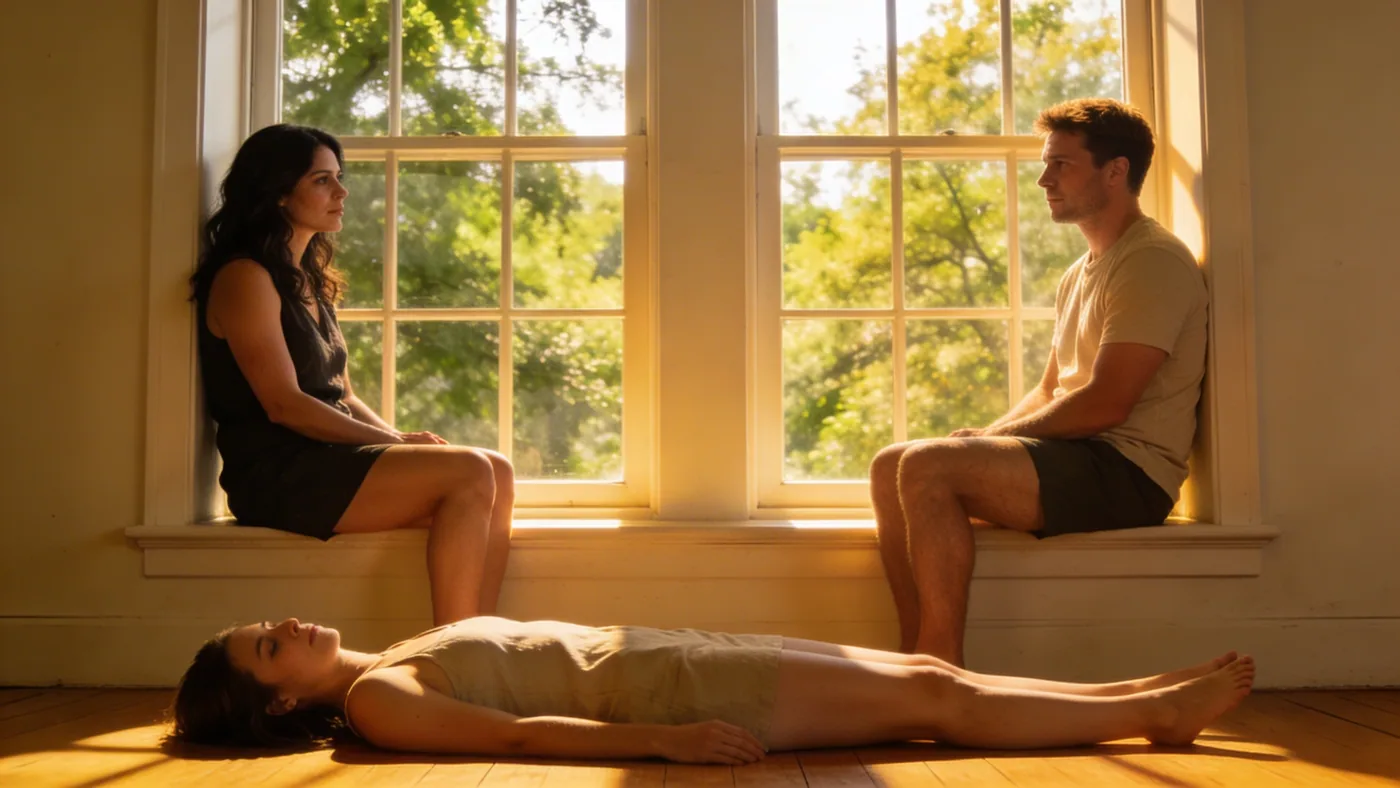 Woman lying on wooden floor in Feeling Session posture showing what's actually happening in your body during grief — stages of grief breakup