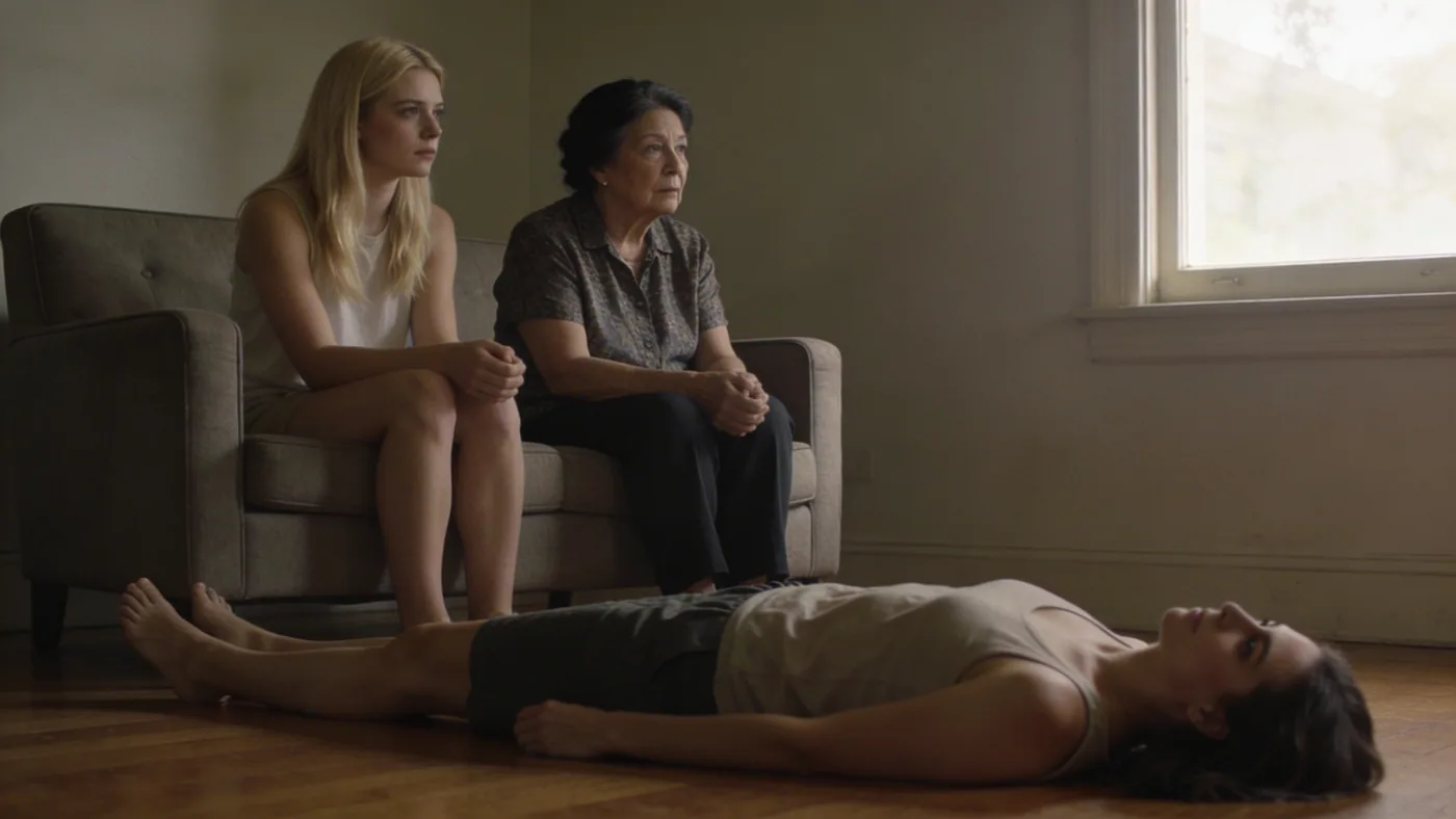 Woman lying on wooden floor in Feeling Session posture when life looks fine but body says otherwise — why do i feel empty all the time