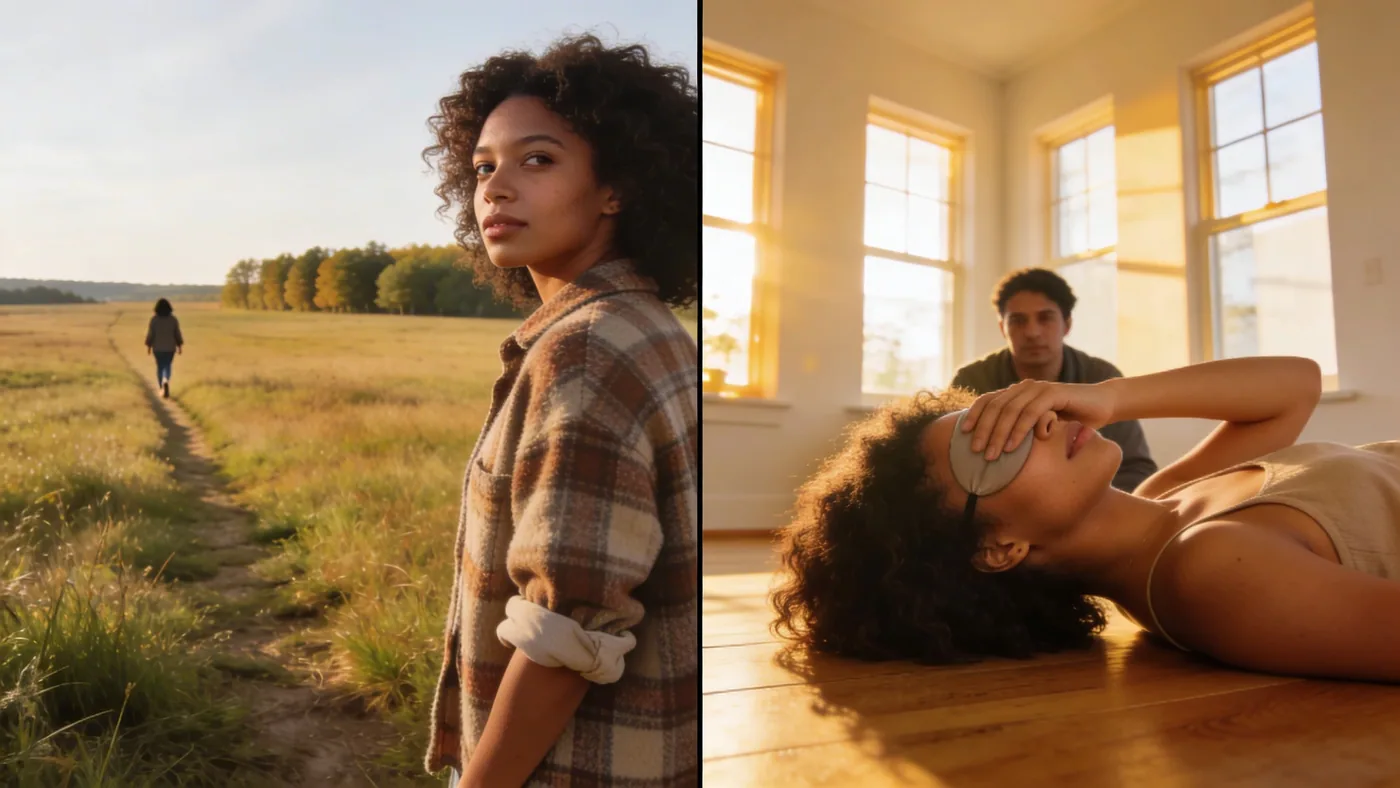 Woman lying on wooden floor in Feeling Session posture with eyes covered showing the observer behind the thoughts — why do i overthink everything