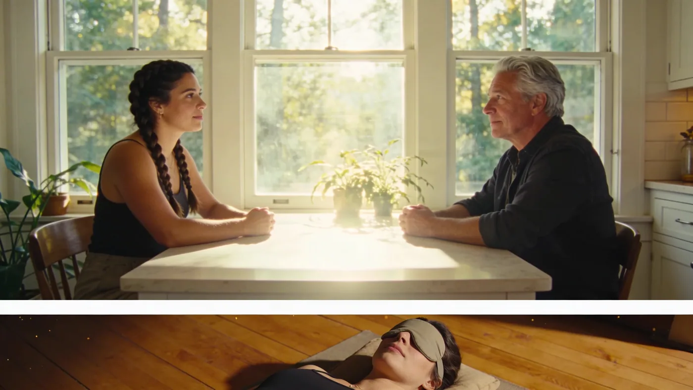 Woman lying on wooden floor with eyes covered, practicing a feeling session to quiet racing thoughts at night