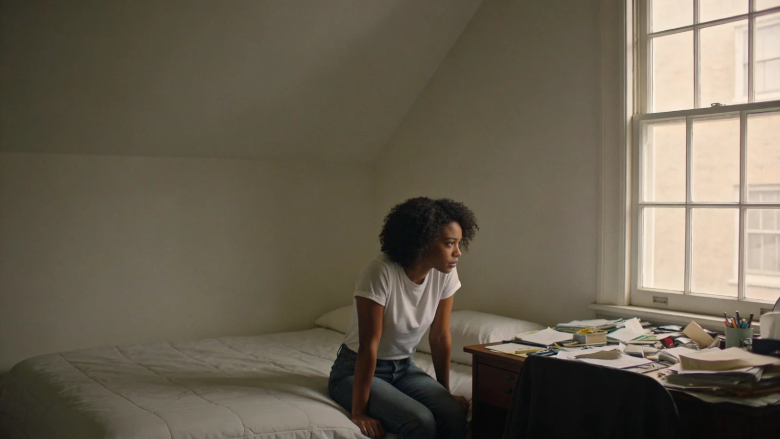 Woman pausing at cluttered desk near window, body releasing tension, embodying non dual awareness in daily life