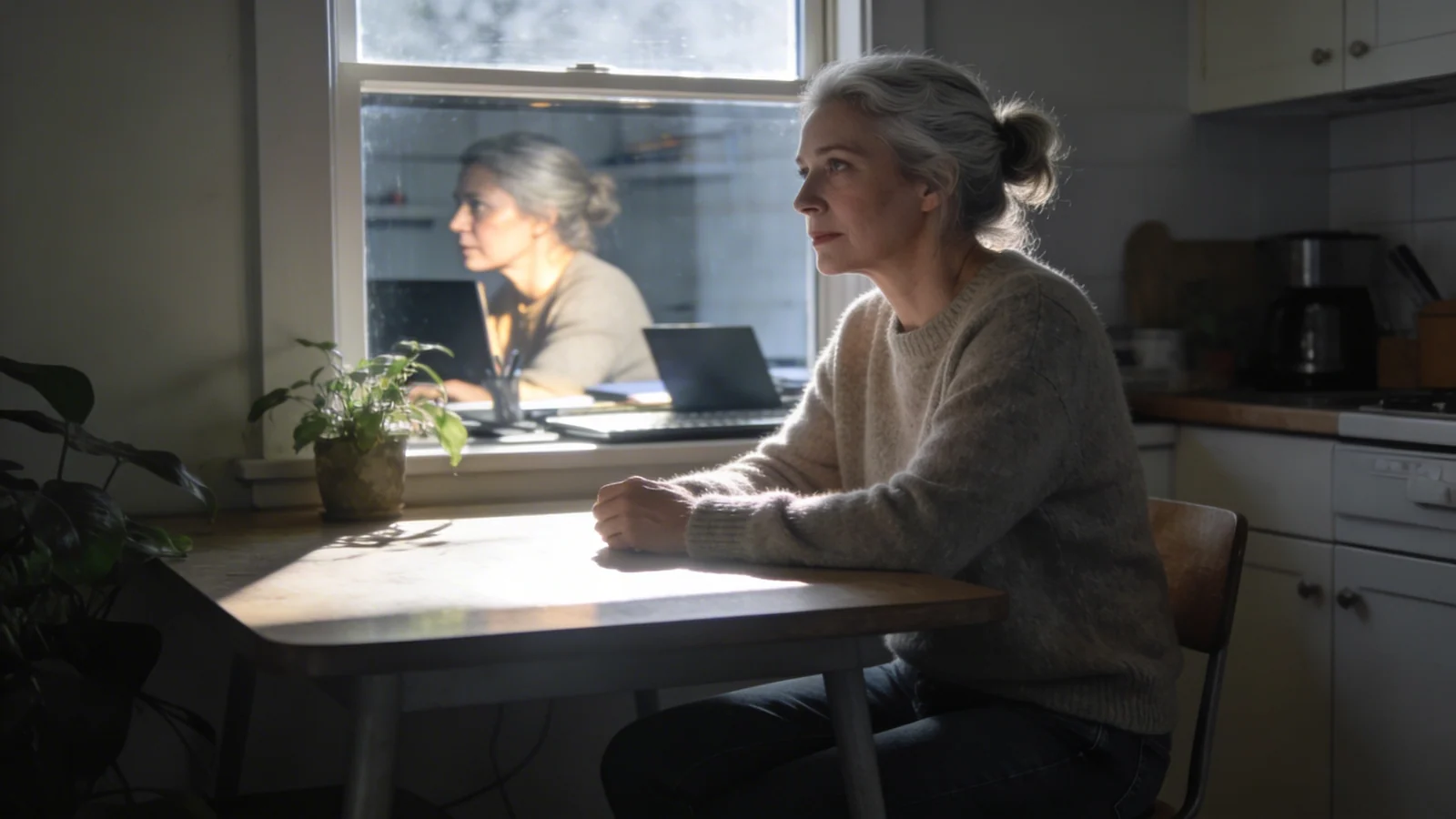 Woman pausing at sunlit workspace window reflecting on the difference between ego and higher self
