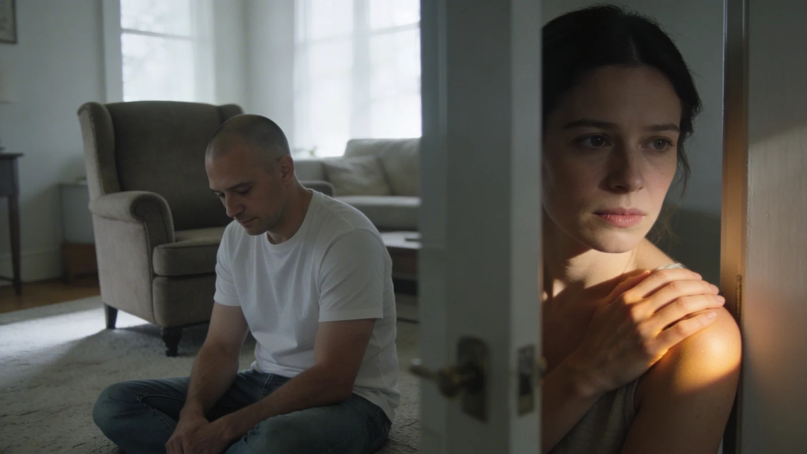 Woman pausing in doorframe of sunlit living room, body tense, beginning the process of healing the inner child