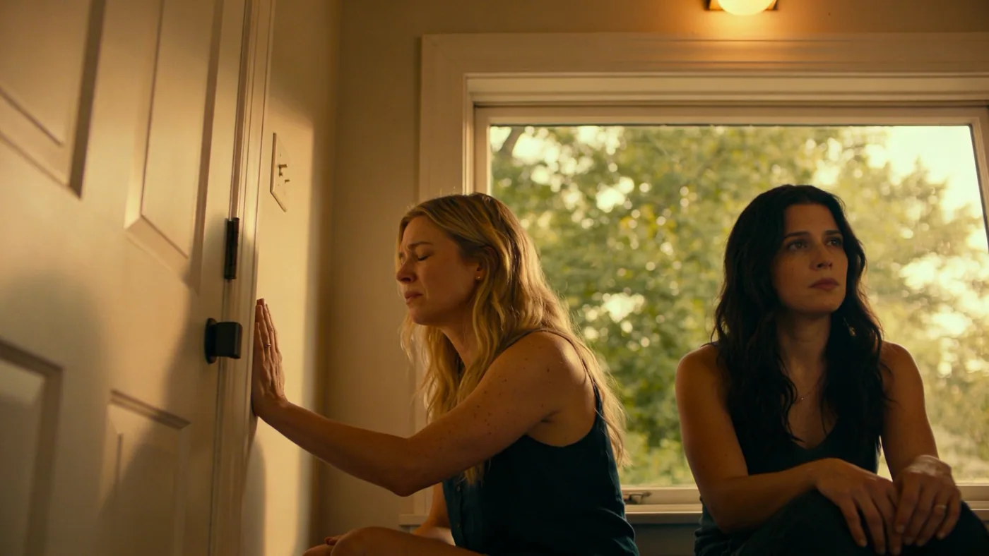 Woman pressing hand against hallway wall with eyes closed feeling tension in the body — feel your feelings without performing peace