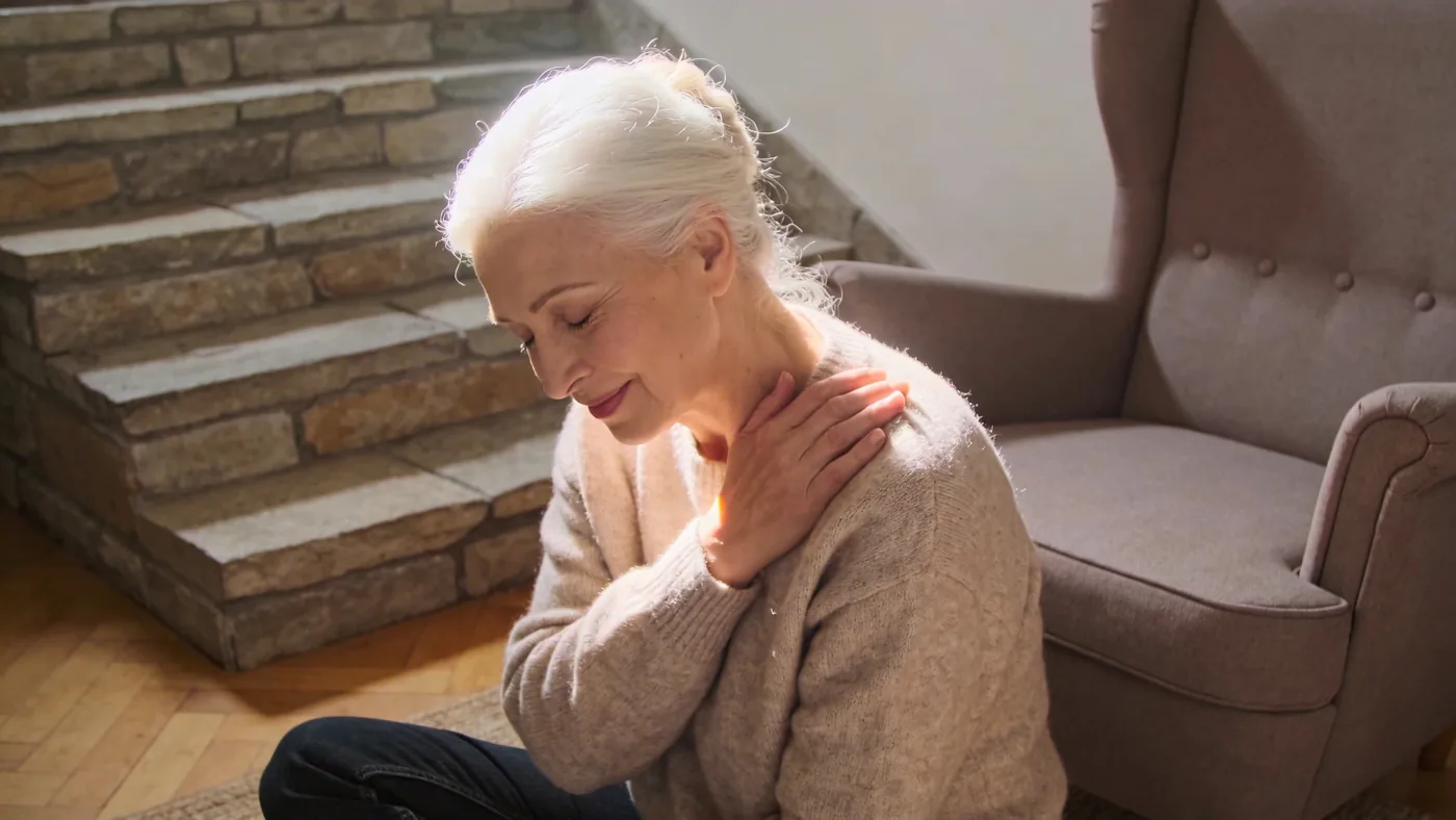 Woman pressing hand to chest at top of stone steps, eyes closed, where this pain lives in the body — nobody understands what im going through