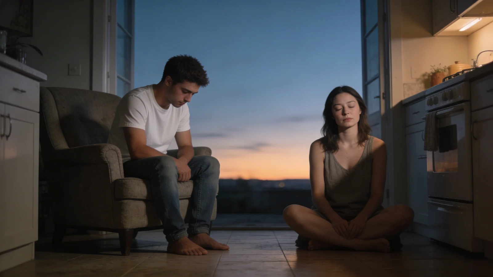 Woman seated on kitchen floor with eyes closed in quiet inwardness, evoking inner child wounds carried in the body