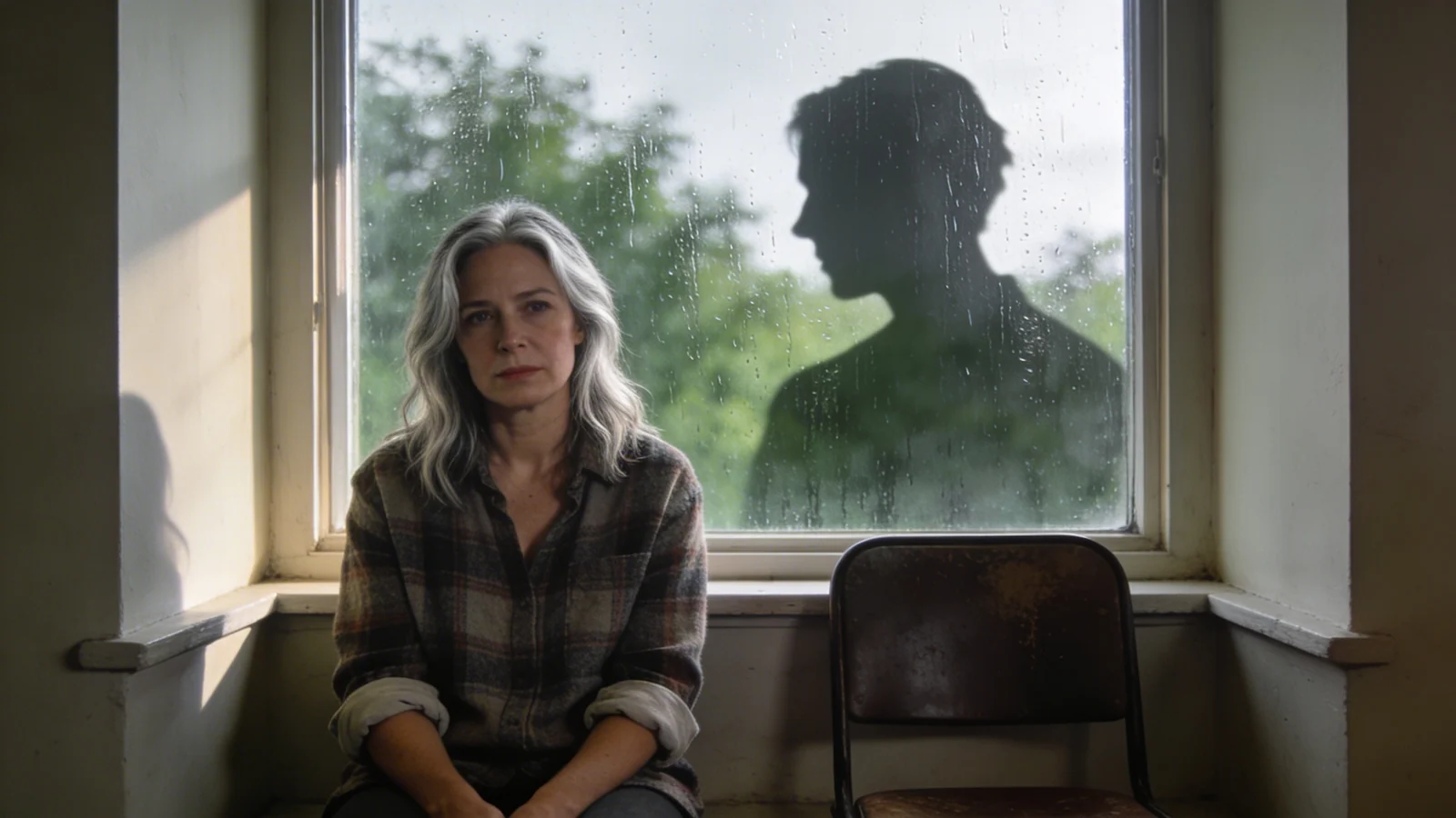 Woman silhouetted behind rain-streaked window pane representing stages of grief breakup