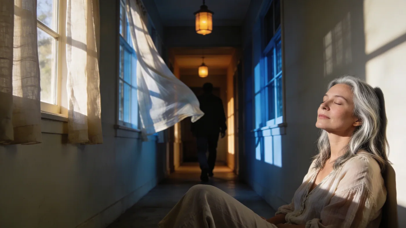 Woman sitting against a wall with eyes closed in soft afternoon light, embodying the stillness of why am i so emotional