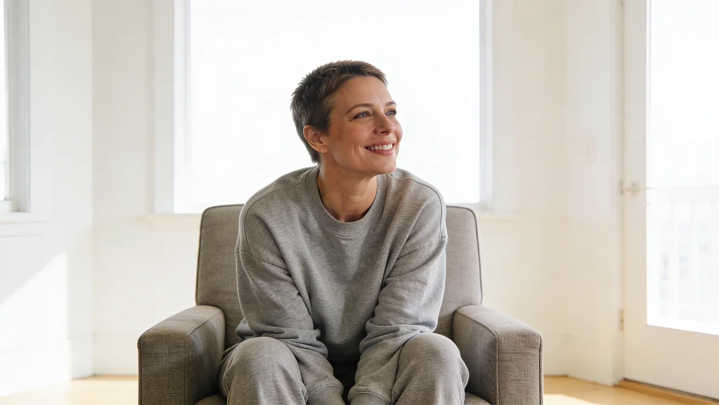 Woman sitting inward in a dim hallway, body curved under quiet weight, evoking how inner child wounds keep shaping daily life