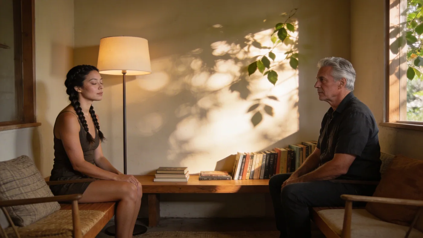 Woman sitting on a low wooden bench, eyes closed, embodying emotional language through quiet inward stillness in warm diffused light — why am i so emotional
