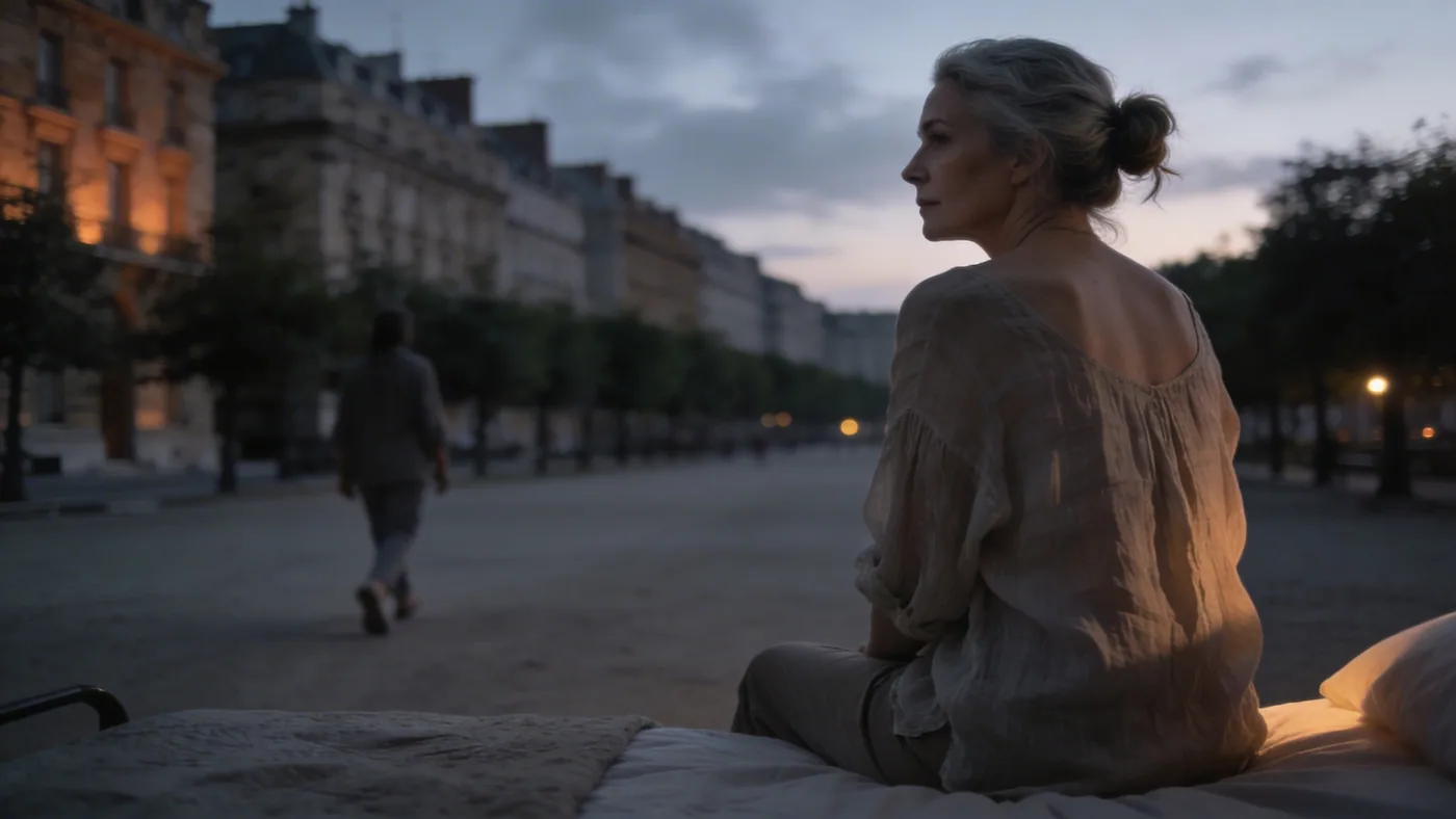 Woman sitting on bed edge in dim dawn light, shoulders inward, facing away, quiet with racing thoughts at night ending