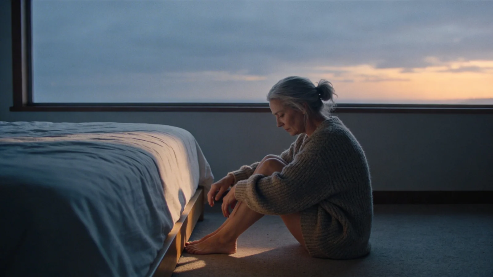 Woman sitting on bed edge in morning light, contemplating body-first healing spirituality practice Woman sitting on bed edge in morning light, contemplating body-first healing spirituality practice