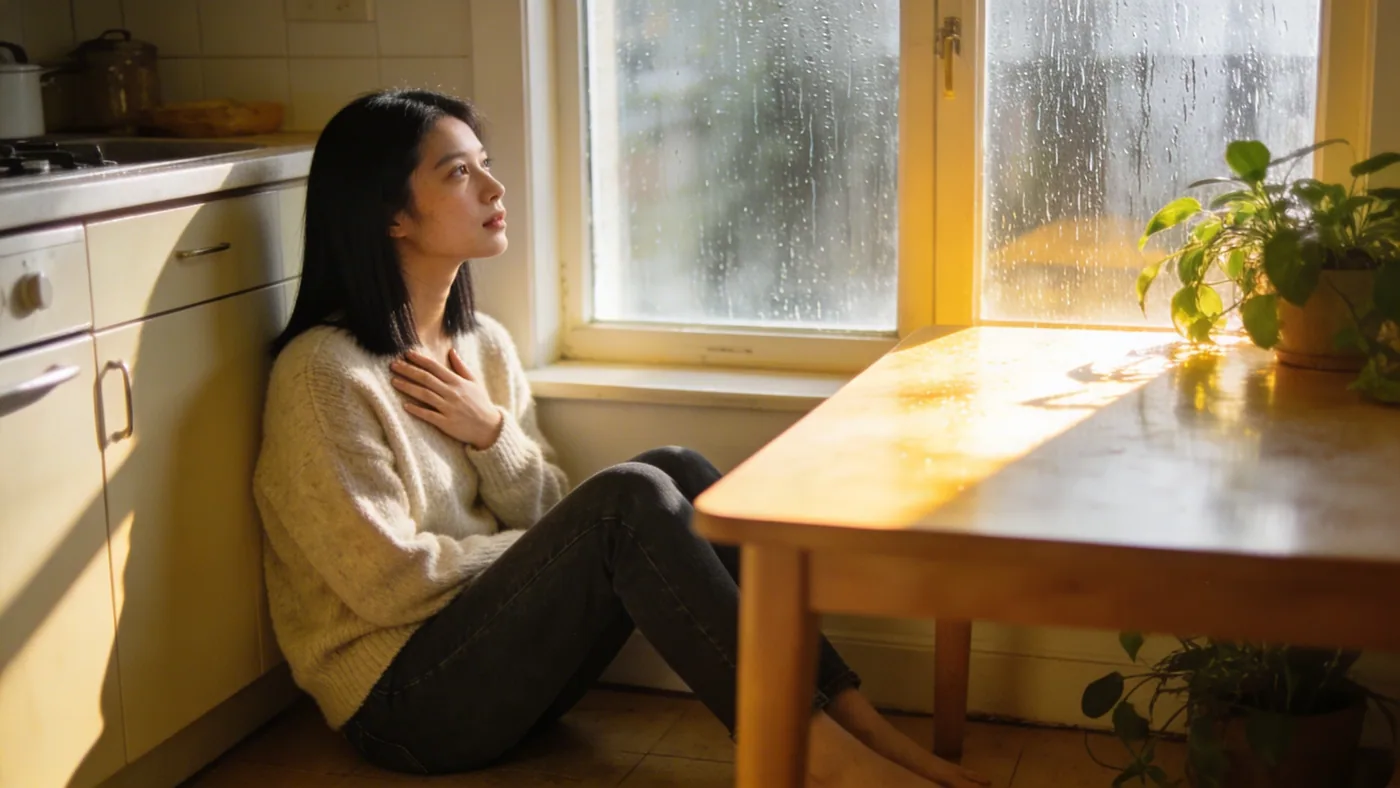 Woman sitting on floor with hand on chest gazing at rainy window after love and light stops working — what is shadow work spirituality