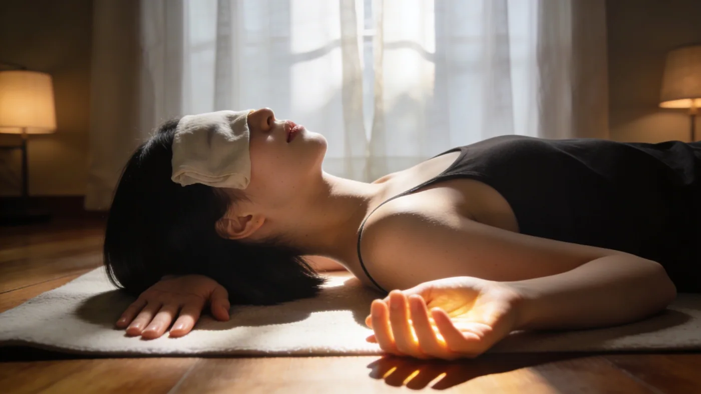 Woman sitting on wooden floor in dim lamplight, gaze turned inward, capturing what overthinking actually is in quiet stillness — why do i overthink everything