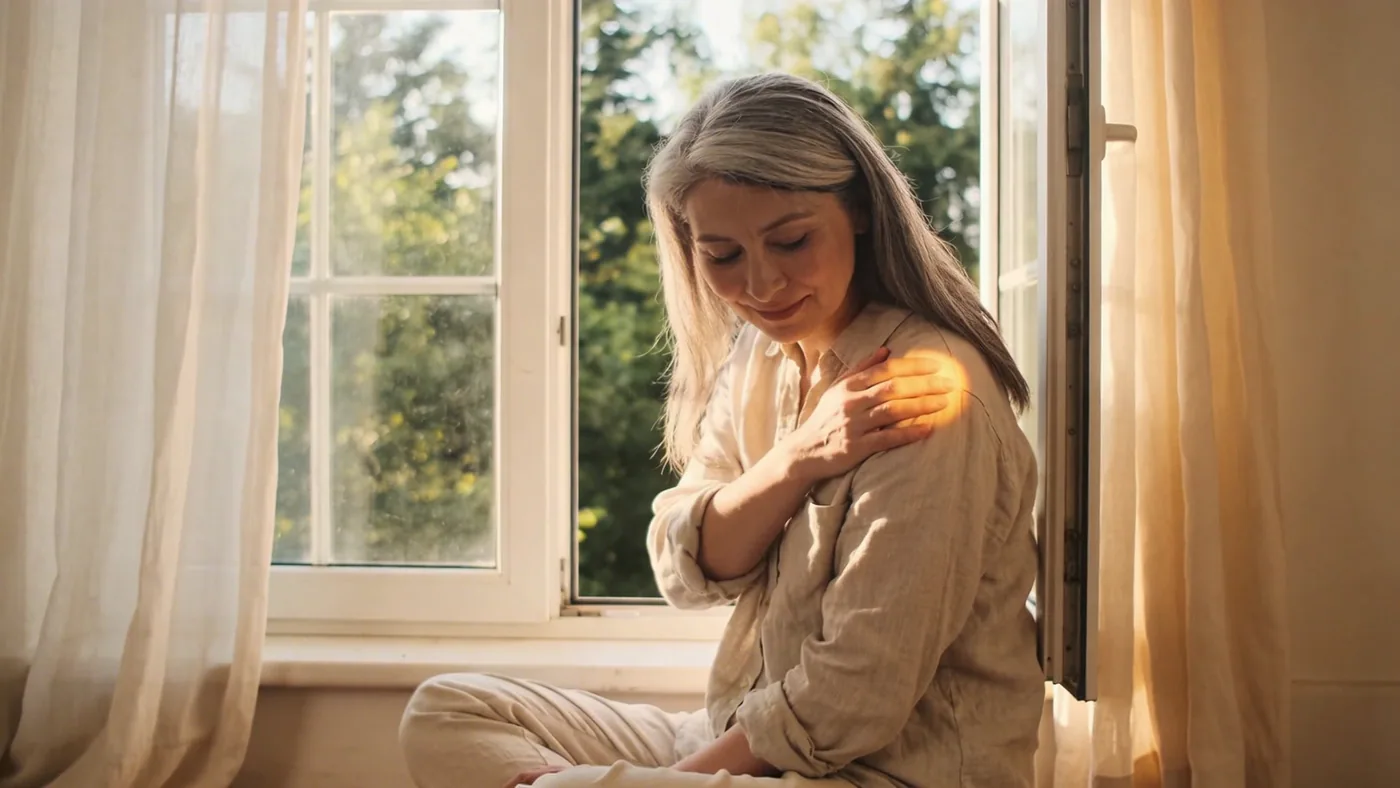 Woman standing by an open window with billowing curtains in soft light, relief after shadow work — shadow work examples