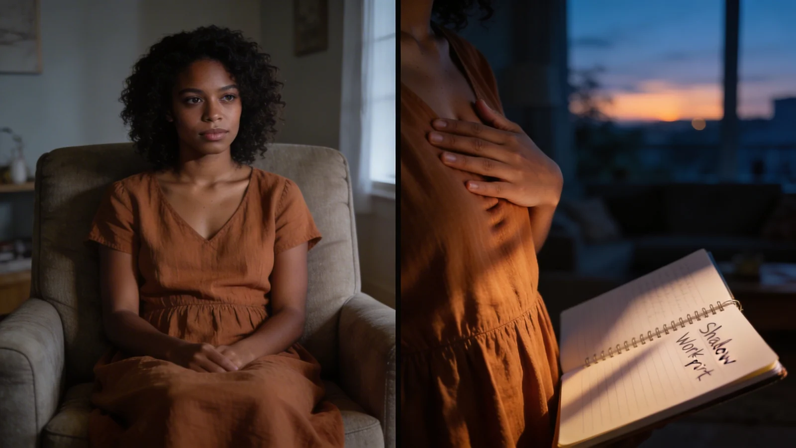 Woman standing in dim living room with hand on ribcage near open shadow work journal prompts notebook at dusk