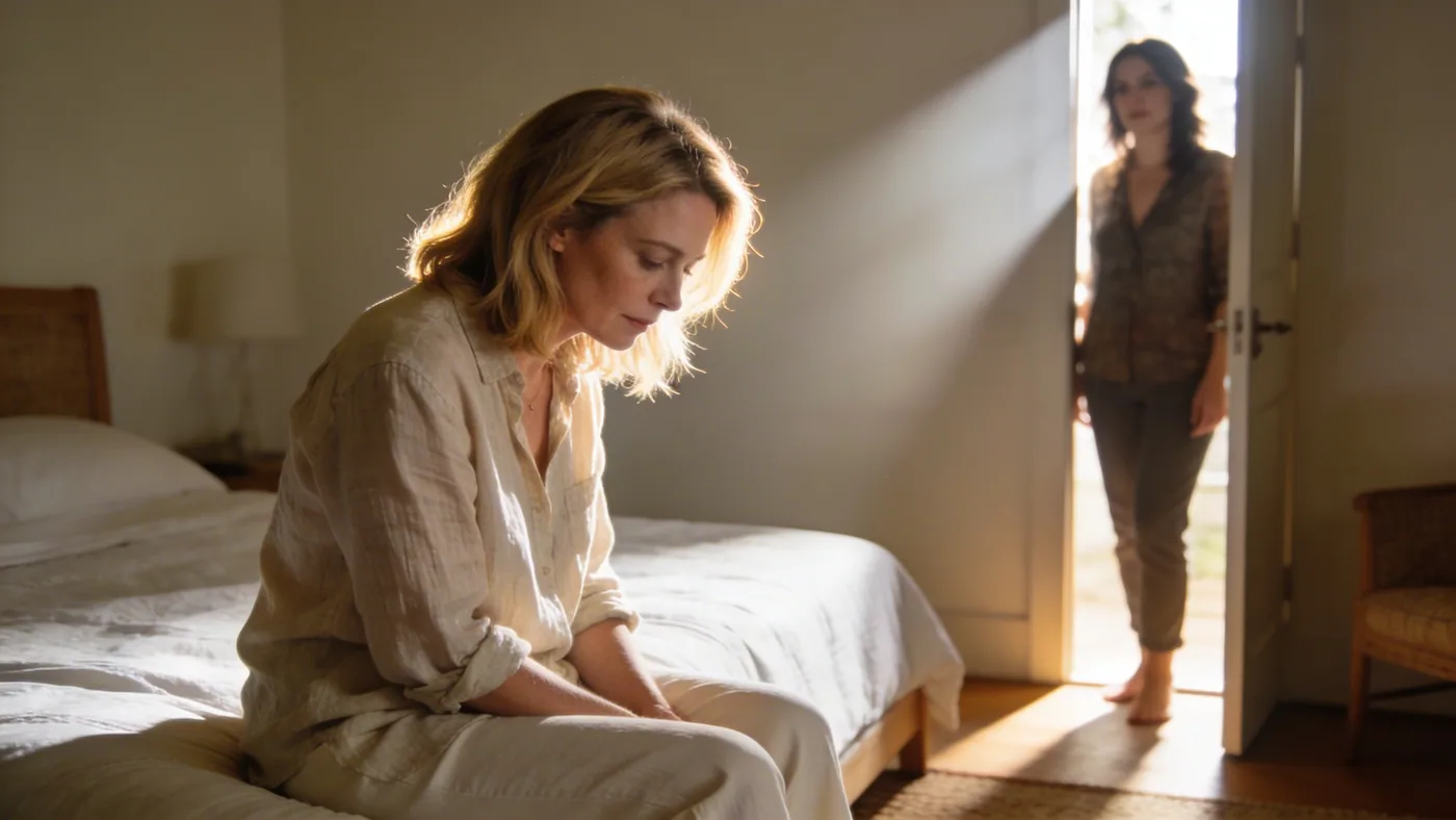 Woman standing in doorway between shadow and sunlight, body bridging the split that non dual awareness dissolves