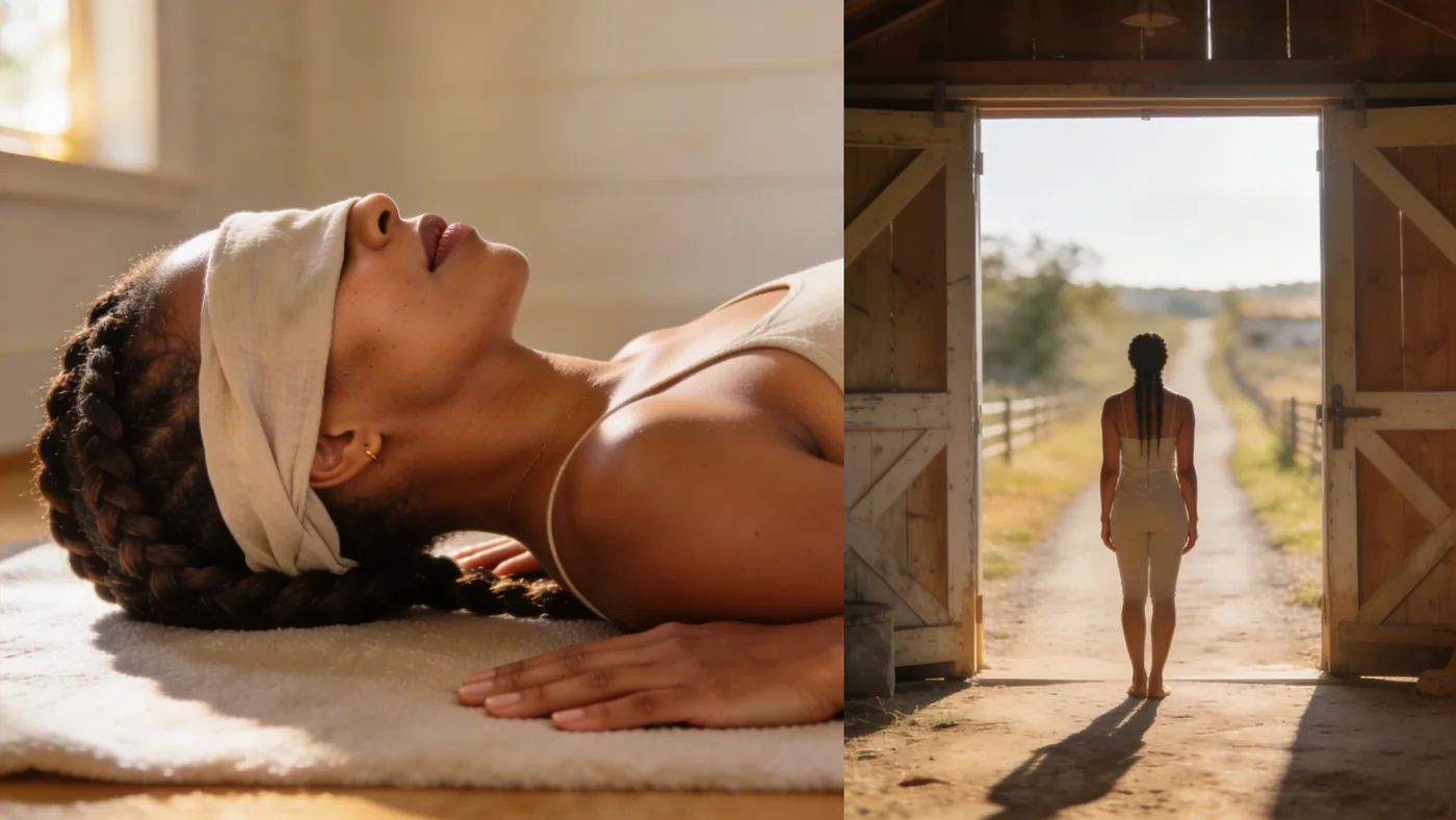 Woman standing in open farmhouse doorway facing a path forward, surrender as participation not passivity — how to surrender when everything falls apart