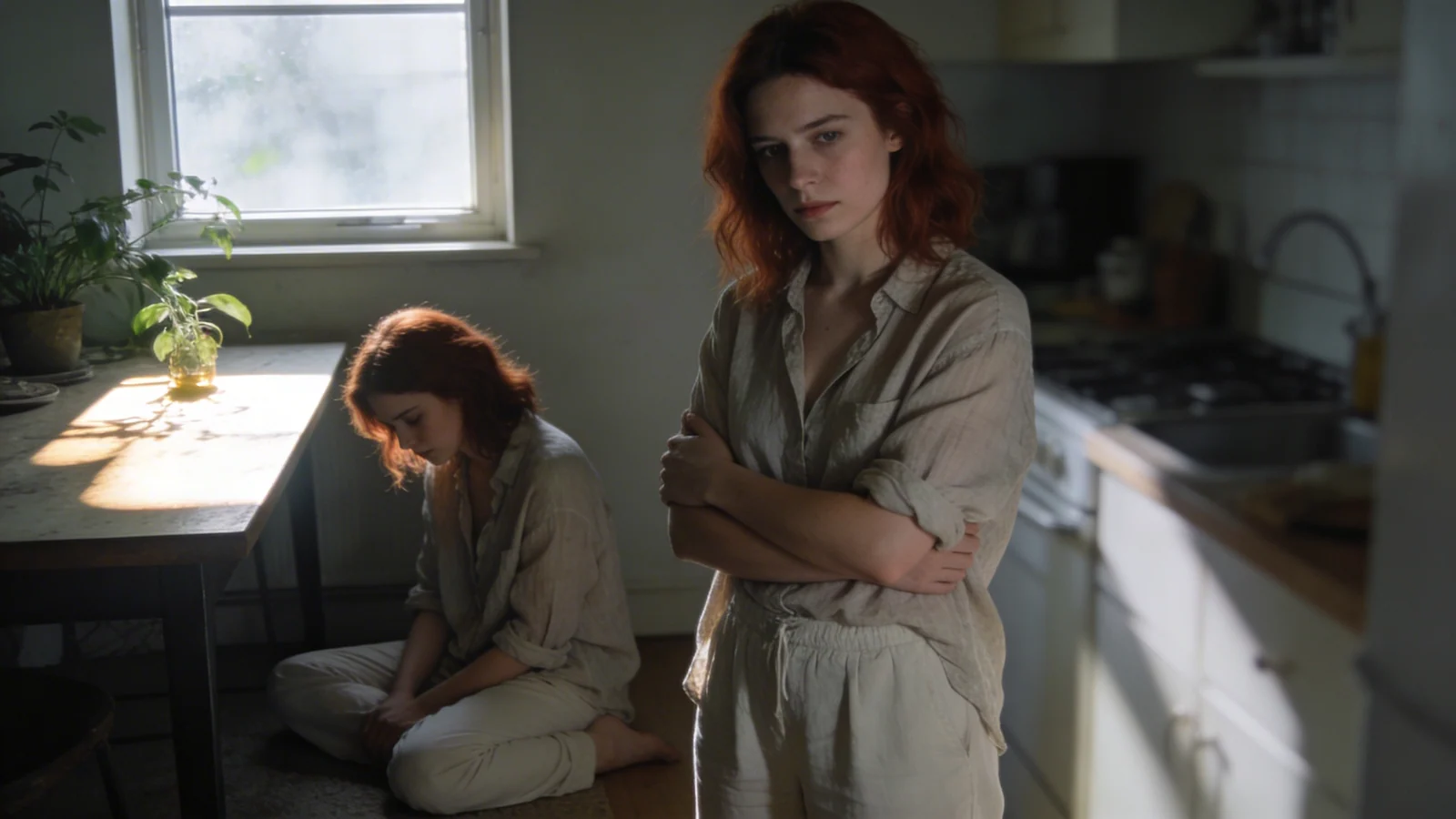 Woman standing in sunlit kitchen with arms across her body, capturing the tension of feeling safe for the first time