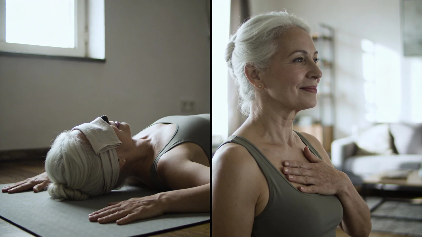 Woman standing in sunlit living room with hand on ribcage exploring yoga somatic body awareness