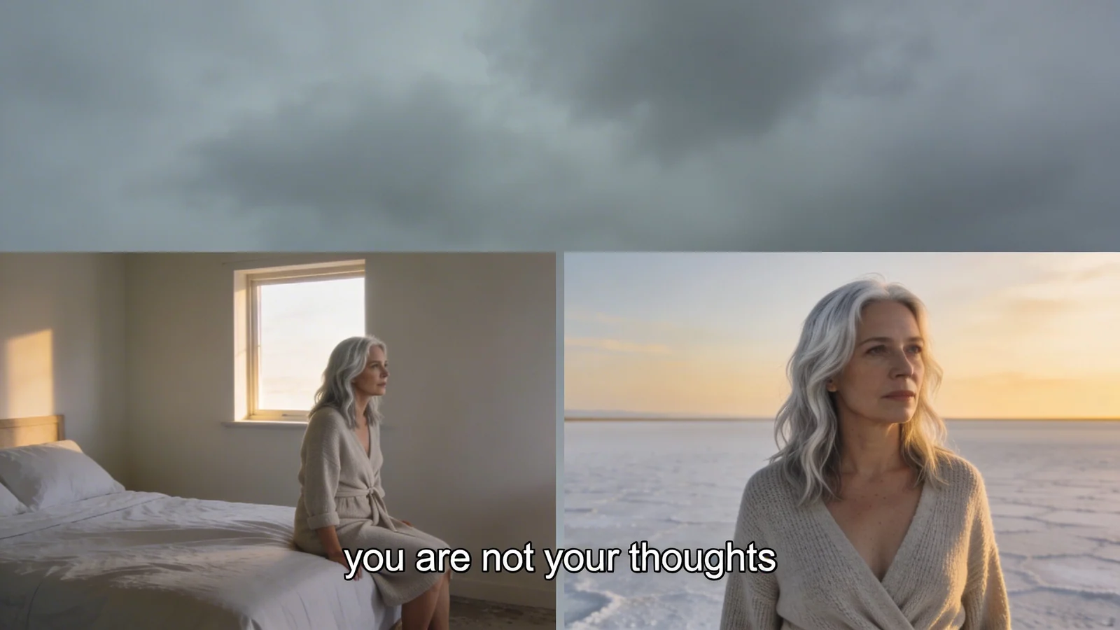 Woman standing on vast salt flat at golden hour, embodying you are not your thoughts as open sky dwarfs the figure — you are not your thoughts practical guide