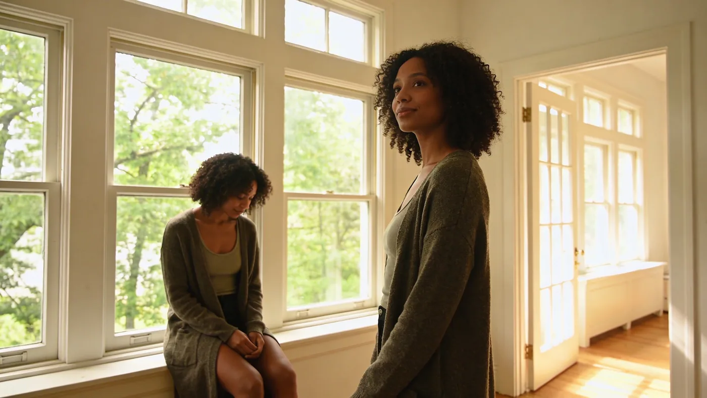 Woman standing relaxed in open doorway with light flooding in representing one nervous system reset — nervous system regulation techniques
