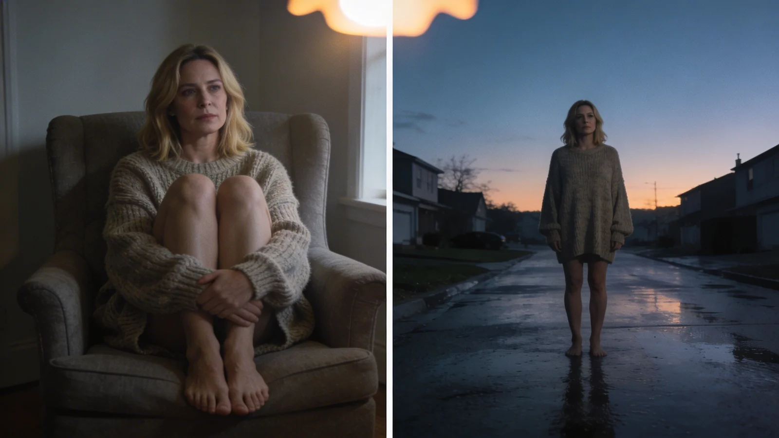 Woman standing still on quiet wet residential street illustrating what is emotional manipulation feels like before naming it