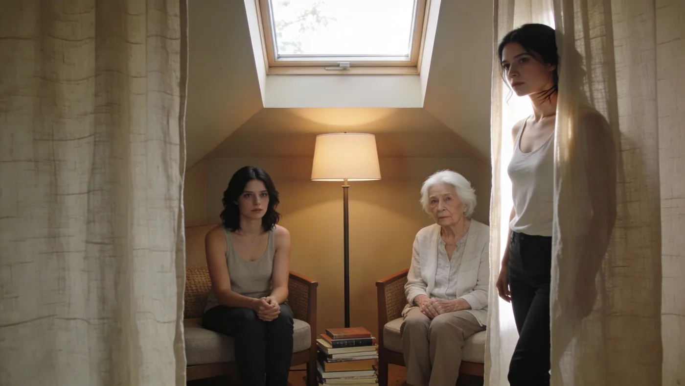 Woman stepping through a linen curtain into light with visible throat tension showing where overthinking lives in the body — why do i overthink everything