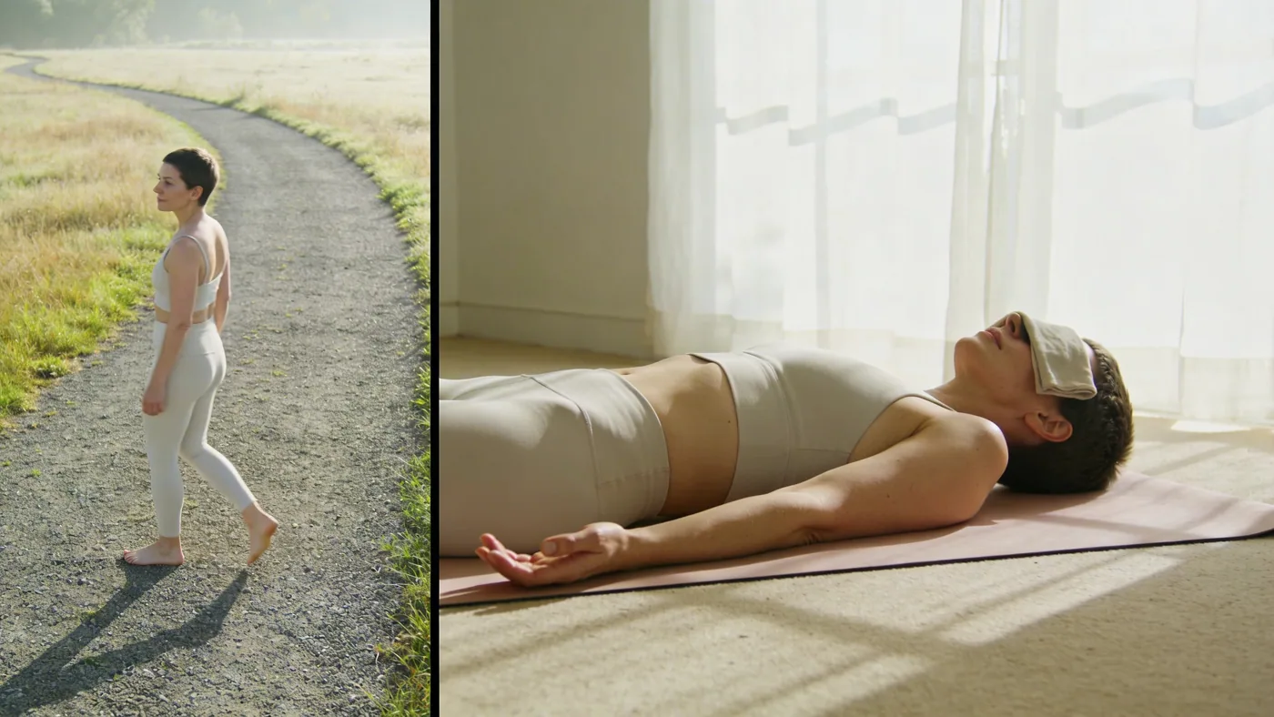 Woman walking along curved gravel path through open meadow with relaxed shoulders, what changes afte Woman walking along curved gravel path through open meadow with relaxed shoulders, what changes after addressing feeling misunderstood