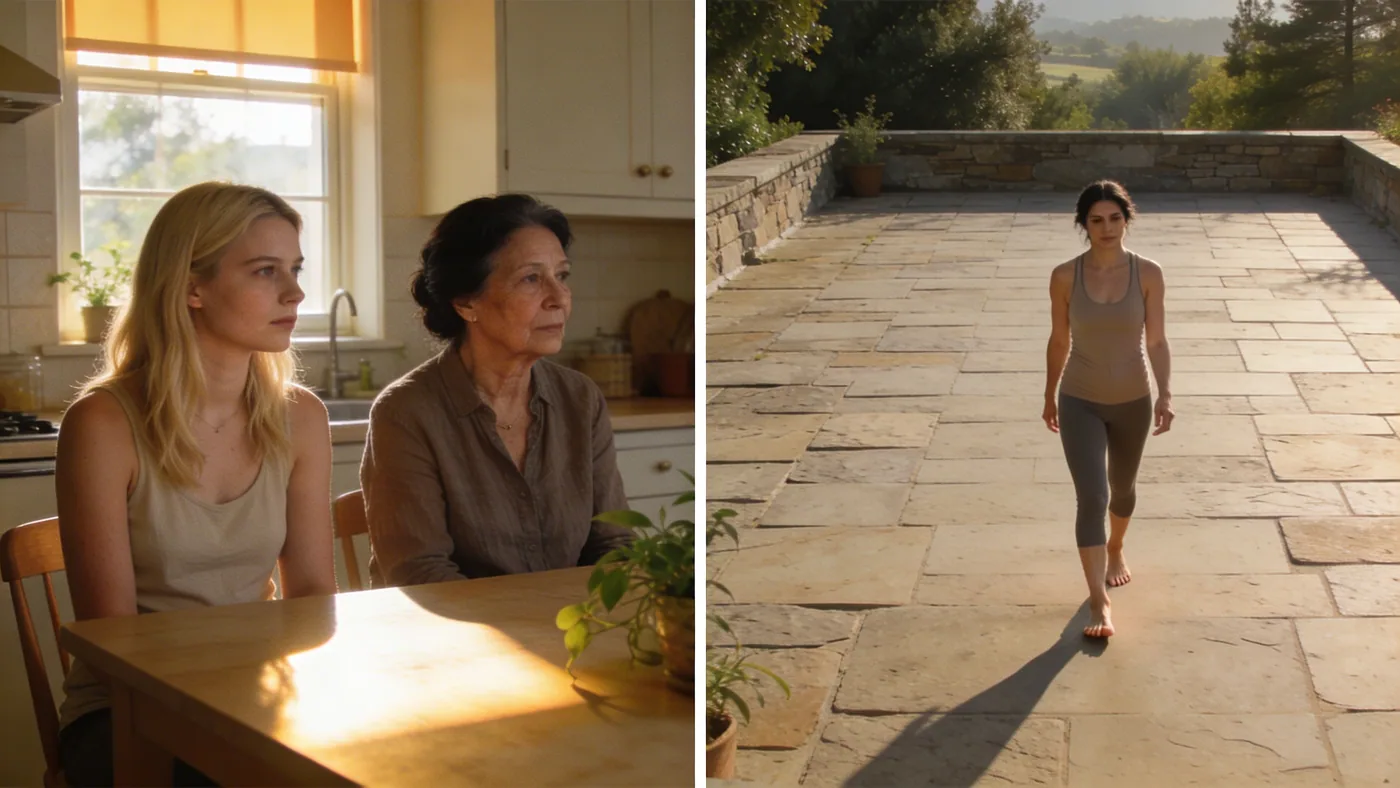 Woman walking barefoot along open stone terrace in morning light after yoga somatic practice shifts