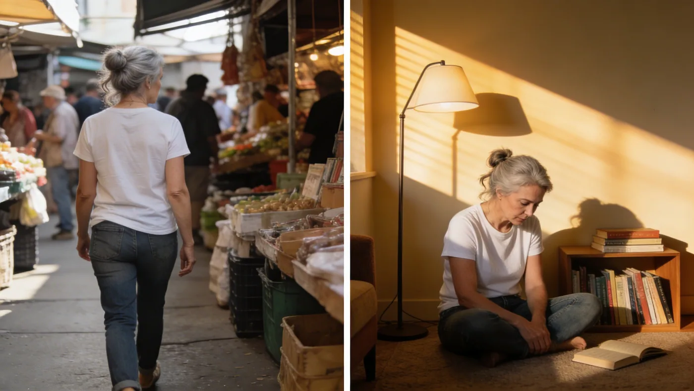 Woman walking calmly through busy market with relaxed back and posture, witness consciousness in real life — you are not your thoughts practical guide