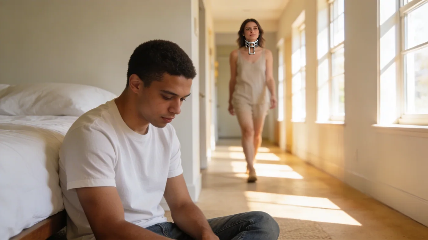 Woman walking slowly through sunlit hallway with relaxed neck showing what changes after you stop bracing — walking on eggshells