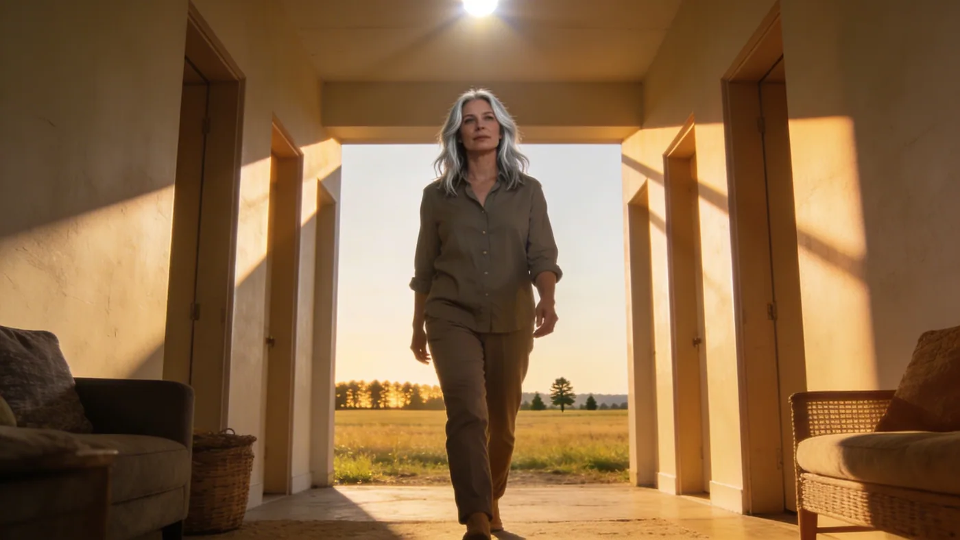 Woman walking through repeating doorways in sunlit hallway, visual metaphor for inner child healing loops in the body — healing the inner child