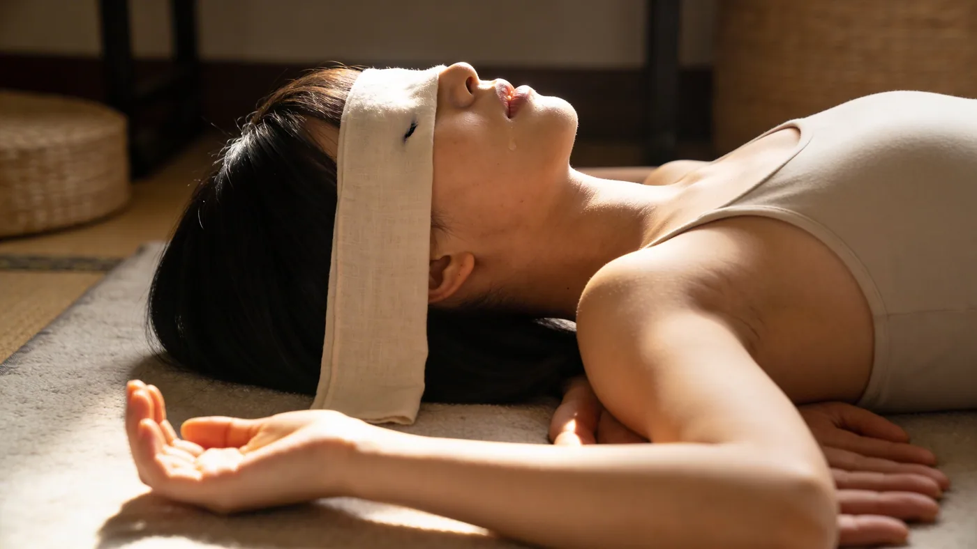 Woman with closed eyes and tear on cheek experiencing emotional release massage cry