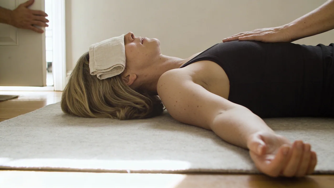 Woman with hand on chest breathing freely near open door after emotional release massage practice