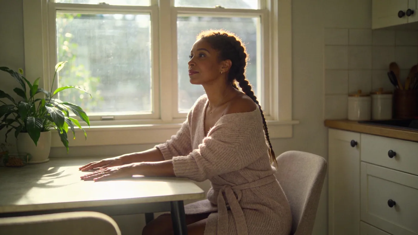 Woman with open hands resting on kitchen table naming the shift in inner child healing — inner child healing activities