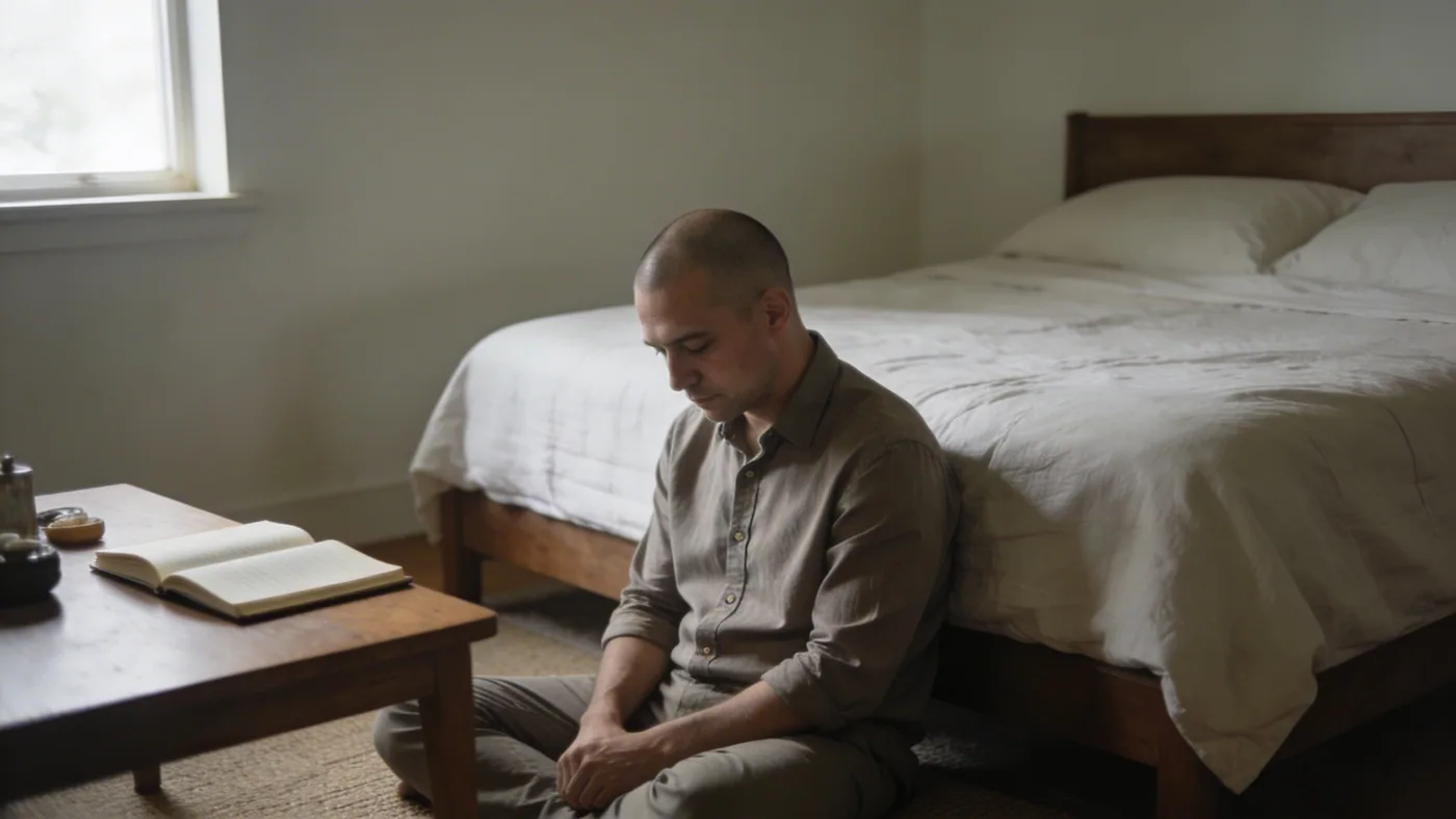 Worn journal and ceramic mug on wooden table, objects of quiet reflection for spiritual searching — what to do when you feel spiritually lost