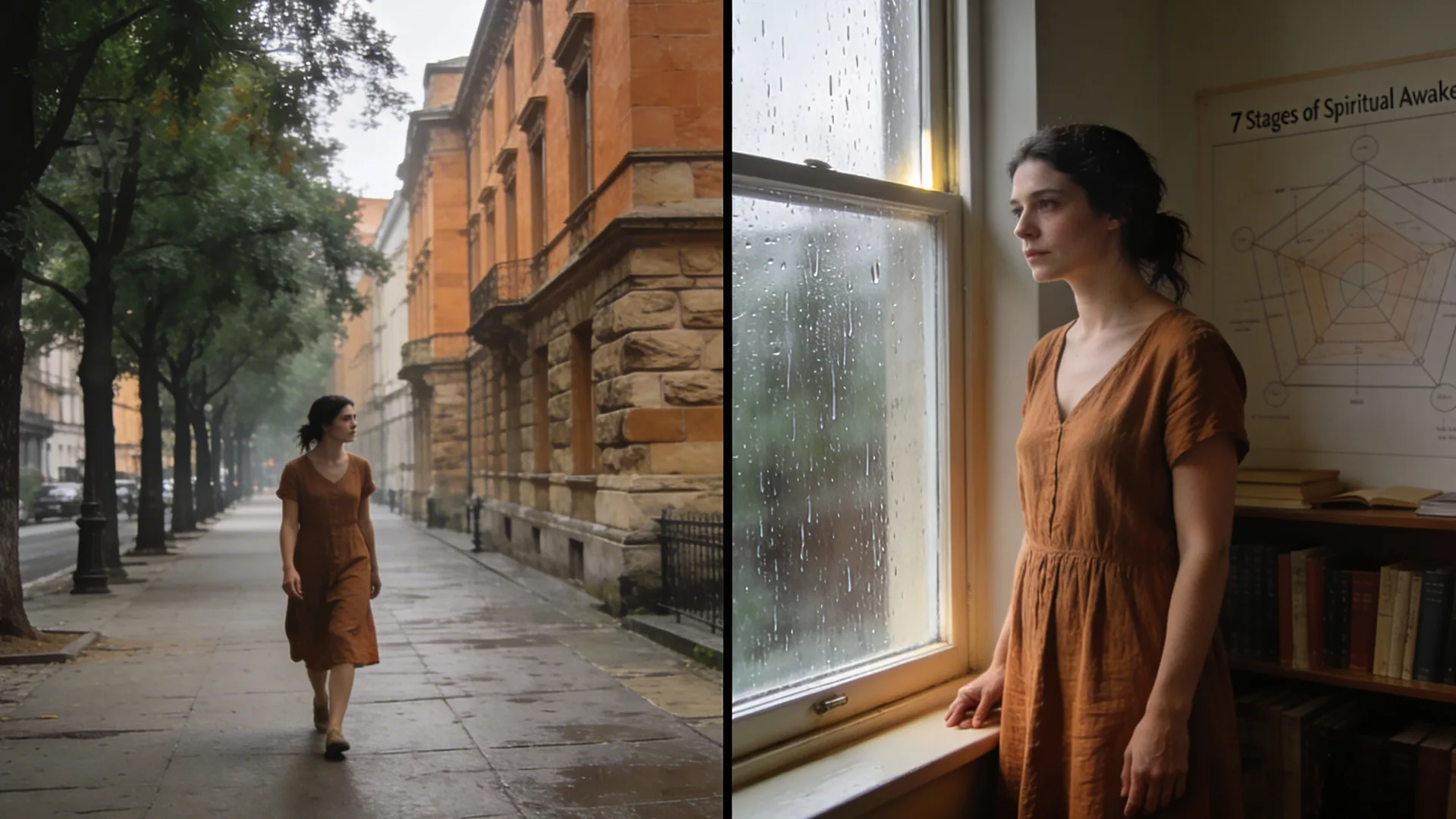 Woman standing at rain-streaked window in home study mapping the 7 stages of spiritual awakening