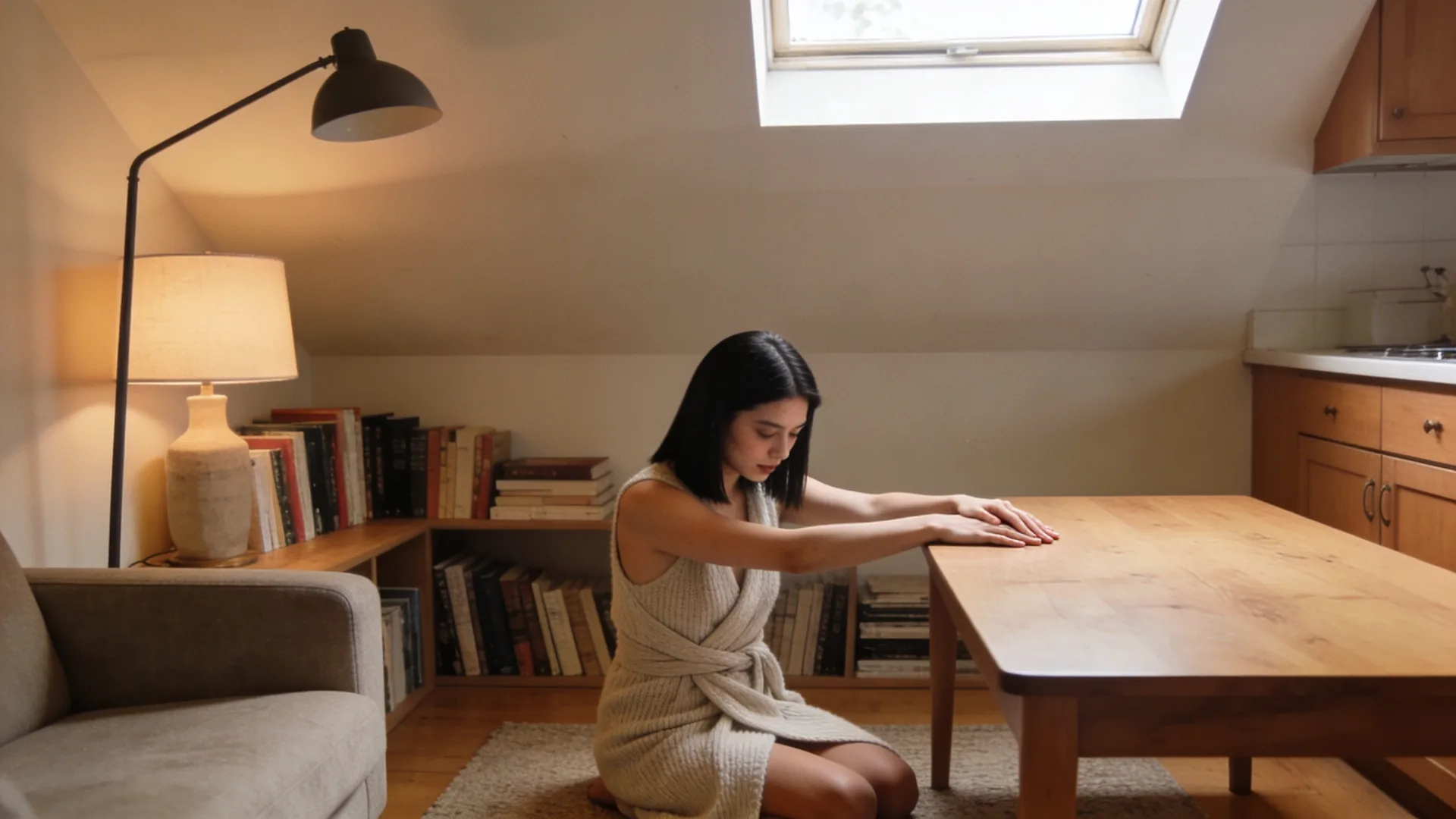 Hands resting palms down on a wooden kitchen table beside a ceramic mug in a moment of grounded self love