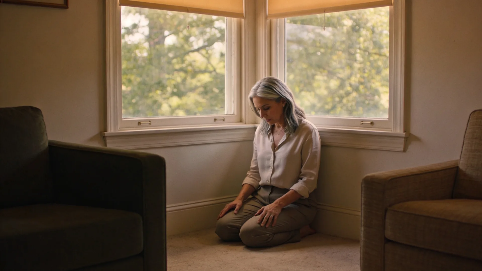 Woman standing at an open balcony door with tense posture as her mind pushes back against self love affirmations