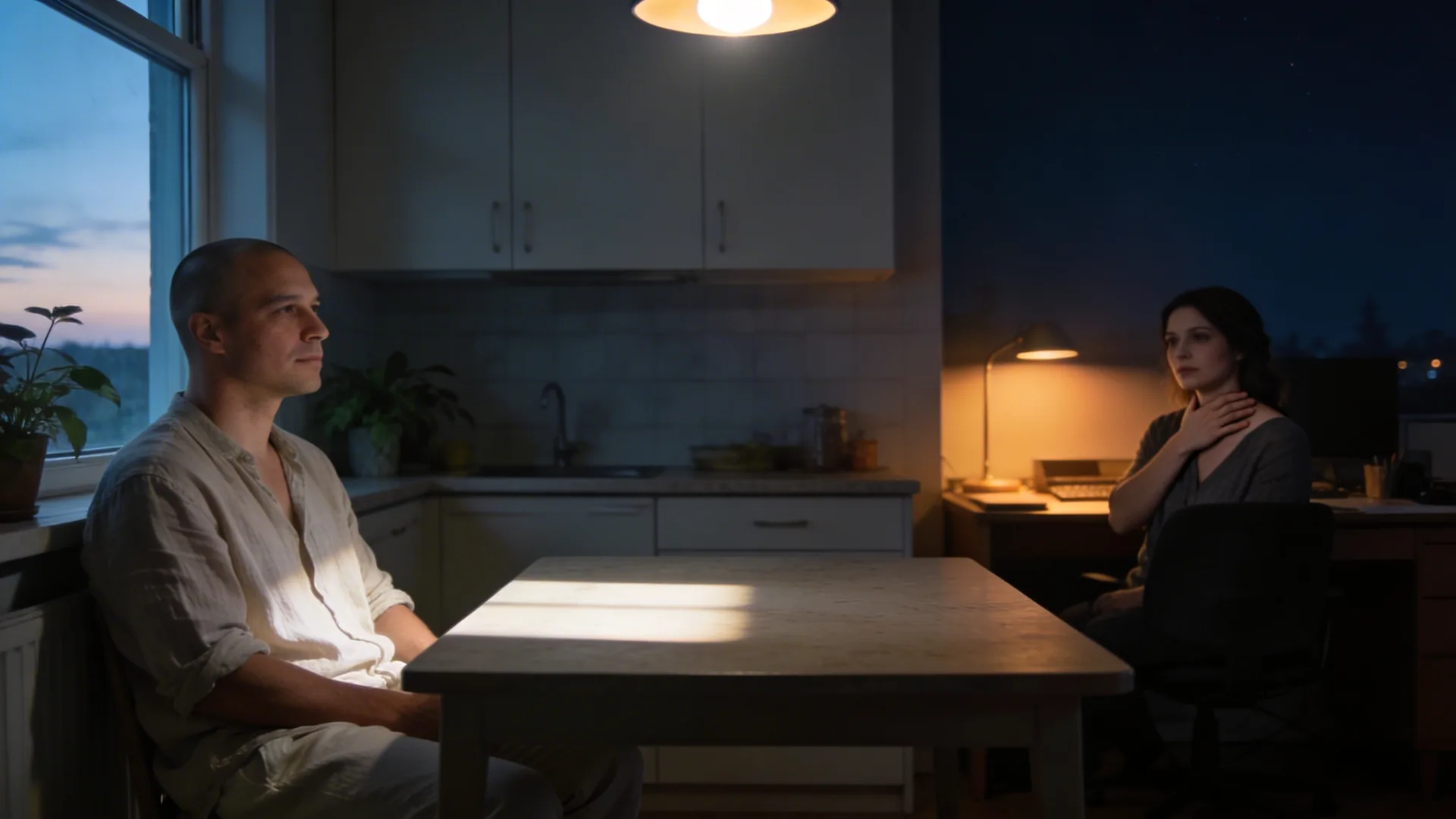 Woman afraid to show real feelings sitting pulled back from desk at night with hand on collarbone in warm lamplight