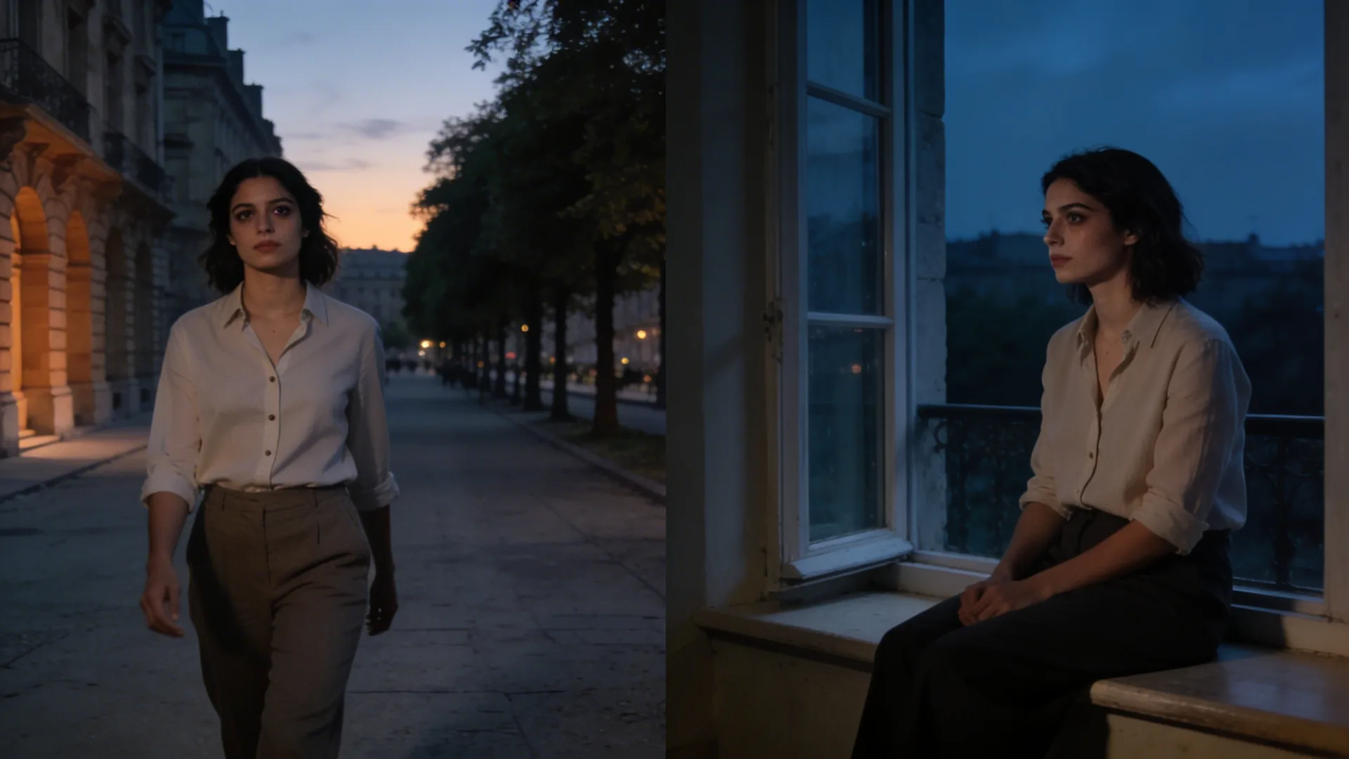 Woman sitting on window seat at night experiencing anxiety at night in a quiet living room with soft blue-gray light